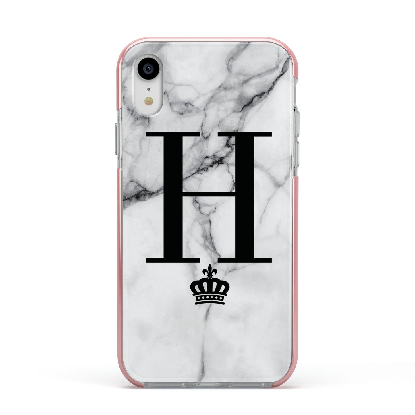 Personalised Big Initials Crown Marble Apple iPhone XR Impact Case Pink Edge on Silver Phone