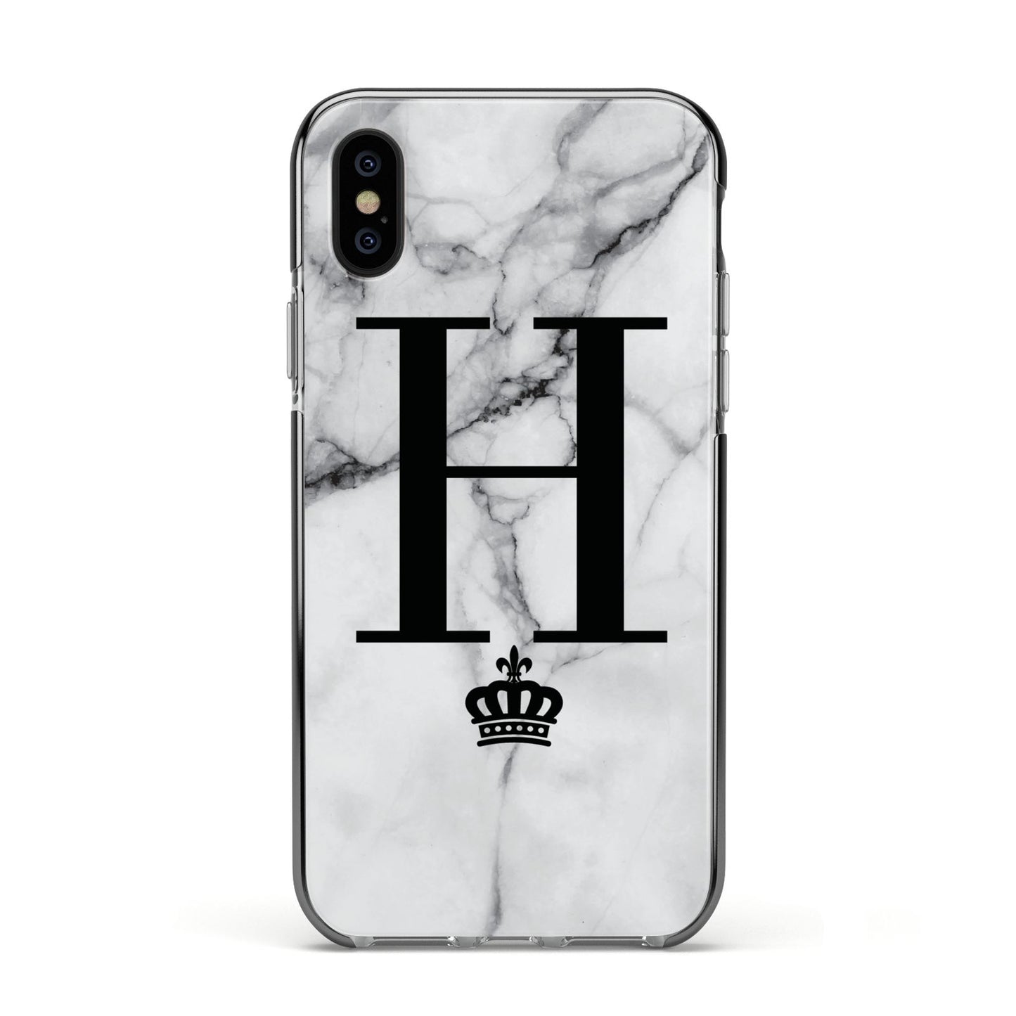 Personalised Big Initials Crown Marble Apple iPhone Xs Impact Case Black Edge on Black Phone