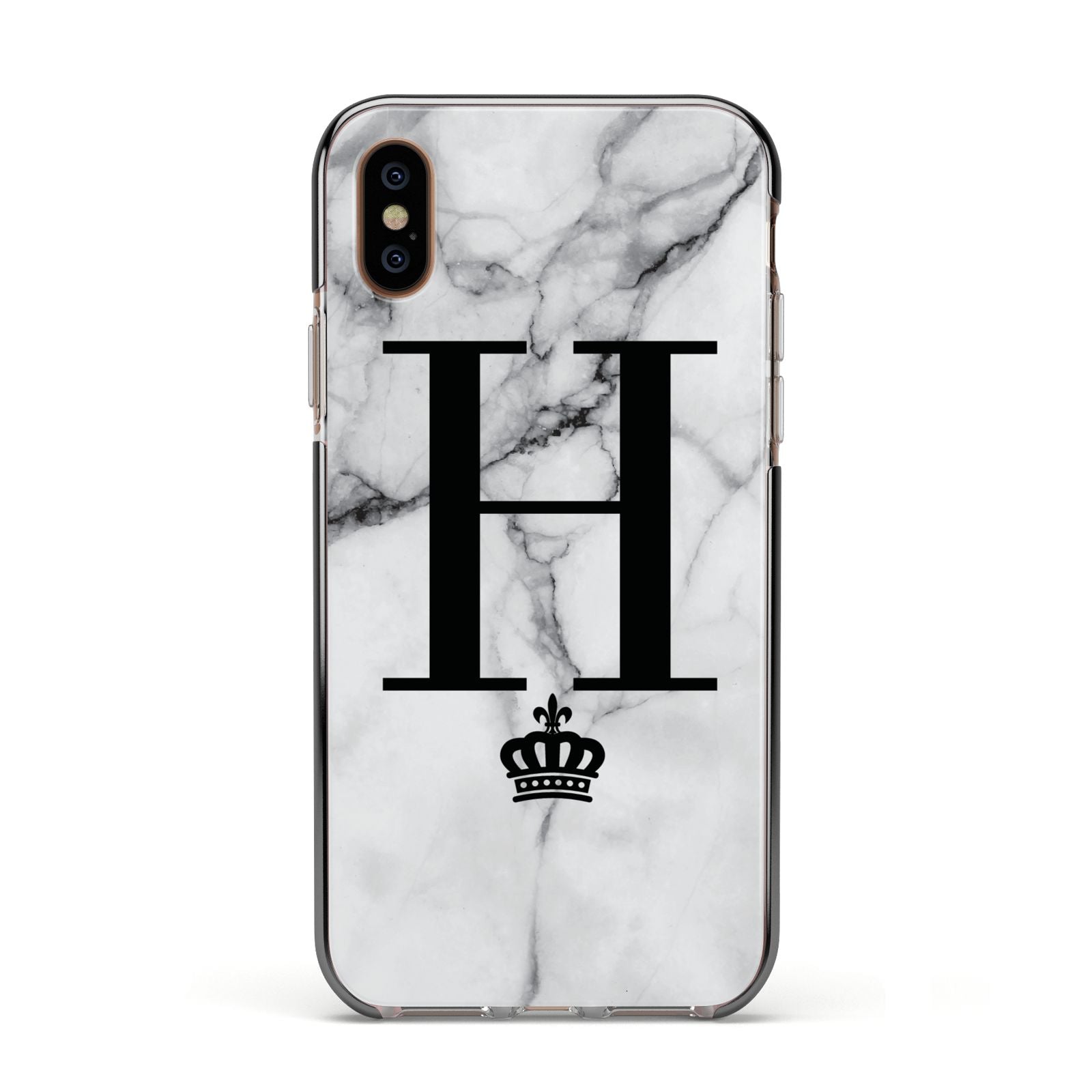 Personalised Big Initials Crown Marble Apple iPhone Xs Impact Case Black Edge on Gold Phone