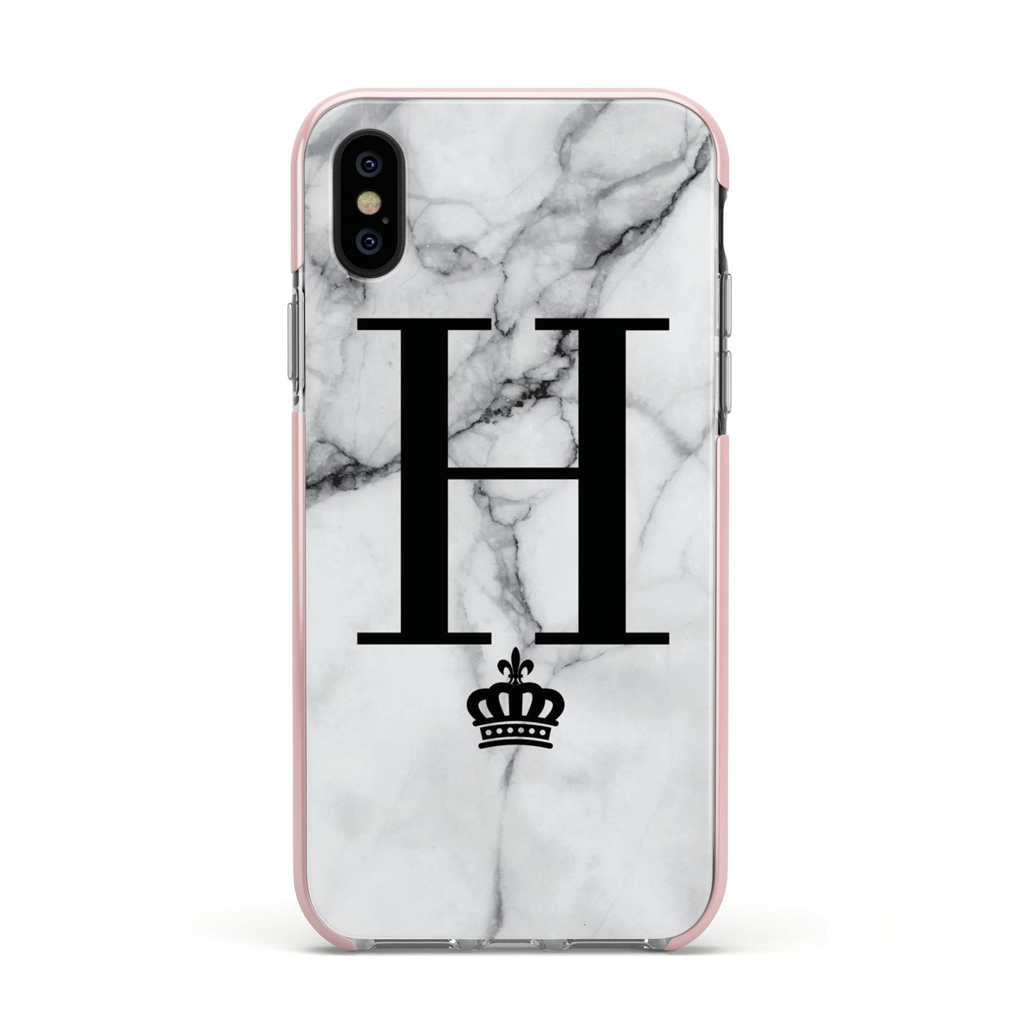 Personalised Big Initials Crown Marble Apple iPhone Xs Impact Case Pink Edge on Black Phone