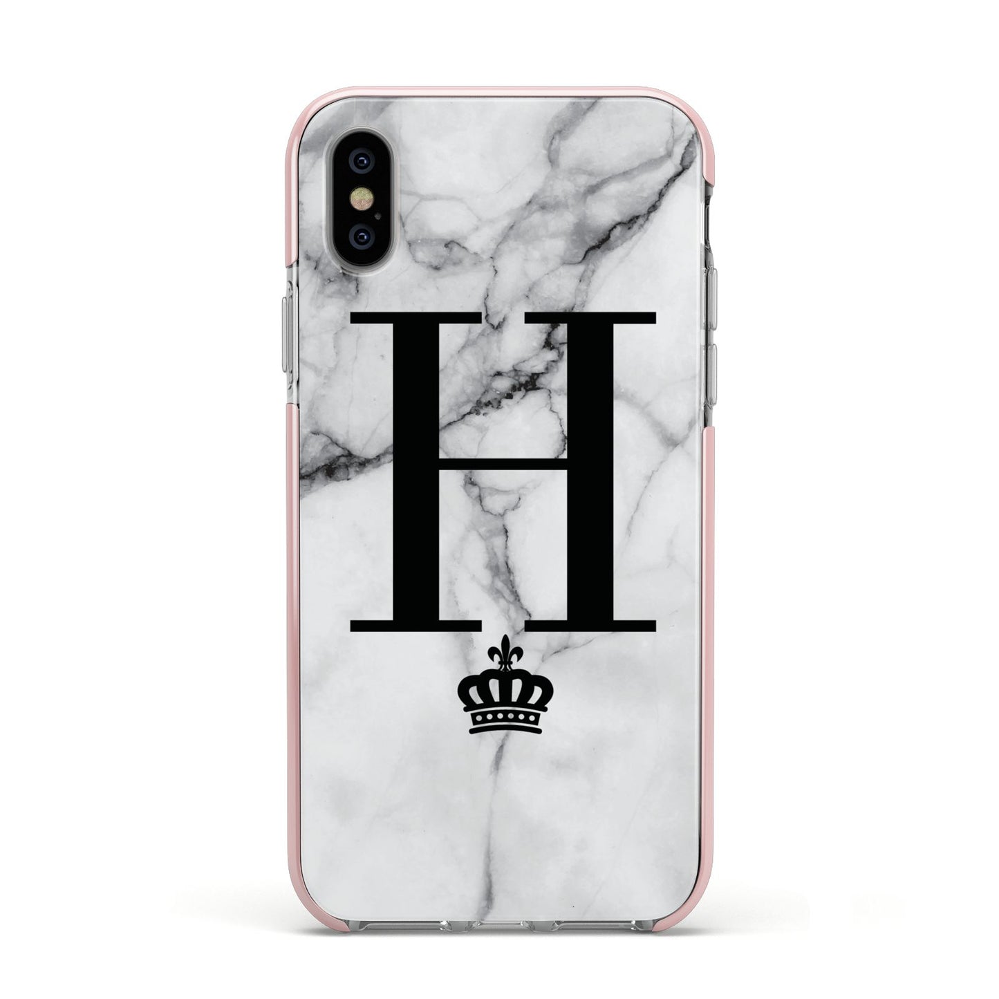 Personalised Big Initials Crown Marble Apple iPhone Xs Impact Case Pink Edge on Silver Phone