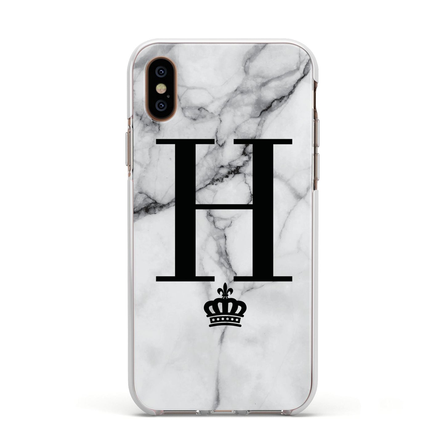 Personalised Big Initials Crown Marble Apple iPhone Xs Impact Case White Edge on Gold Phone