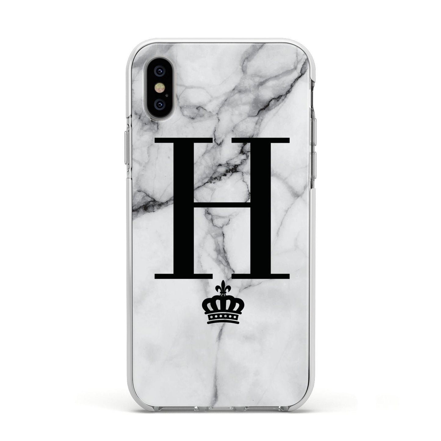 Personalised Big Initials Crown Marble Apple iPhone Xs Impact Case White Edge on Silver Phone