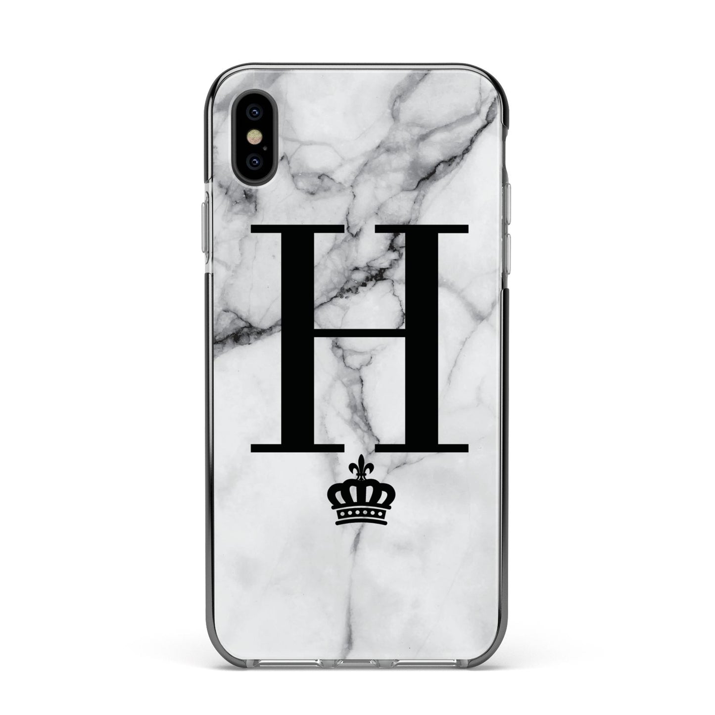 Personalised Big Initials Crown Marble Apple iPhone Xs Max Impact Case Black Edge on Black Phone