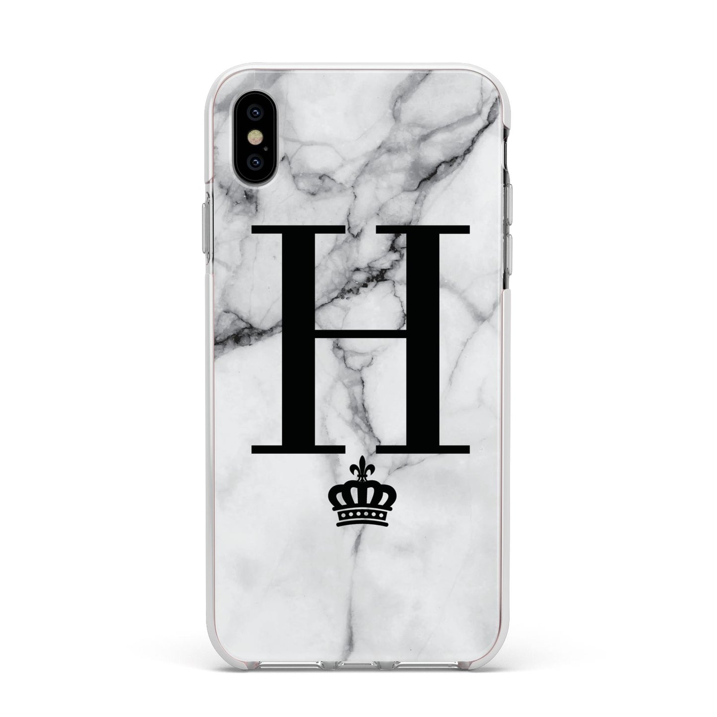 Personalised Big Initials Crown Marble Apple iPhone Xs Max Impact Case White Edge on Silver Phone