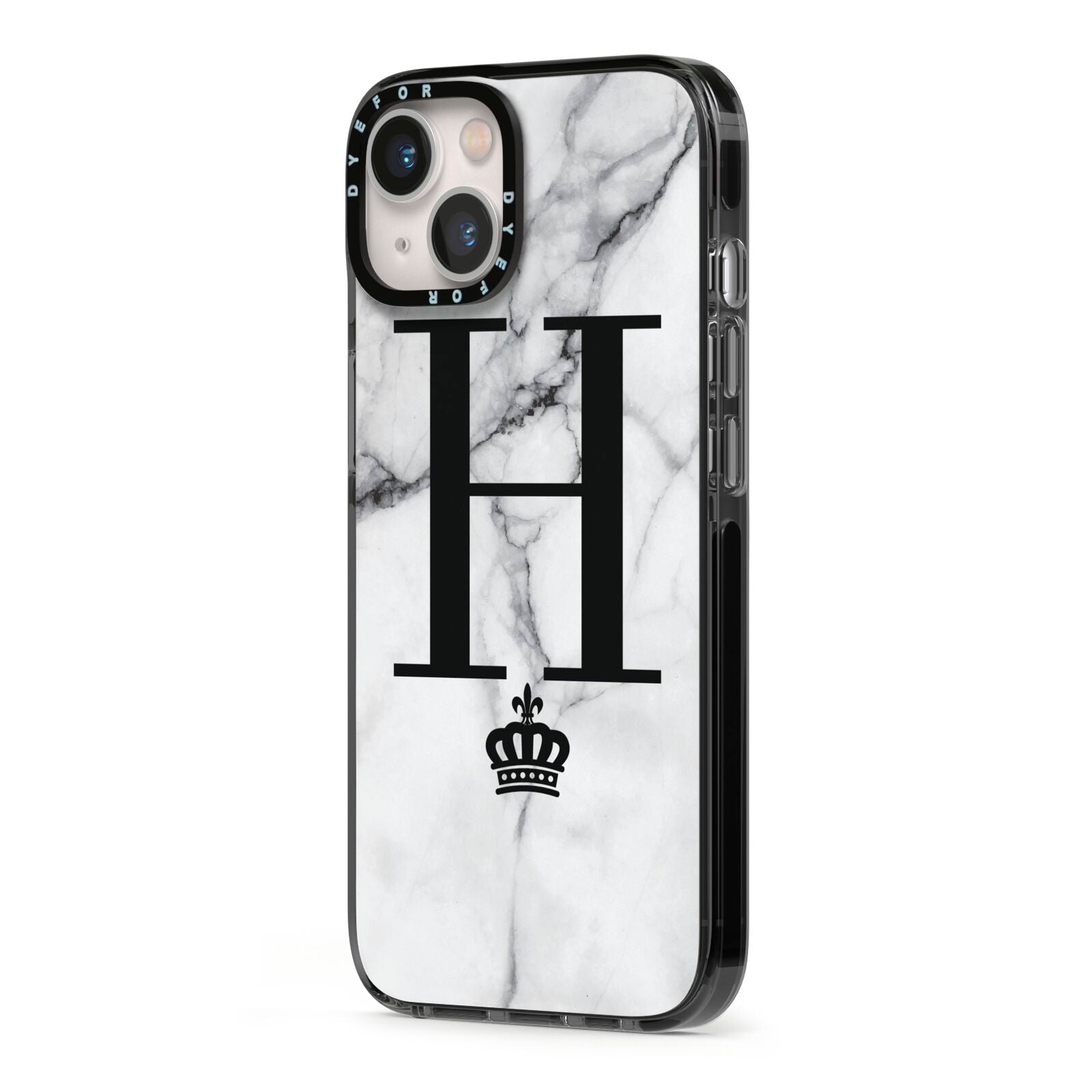 Personalised Big Initials Crown Marble iPhone 13 Black Impact Case Side Angle on Silver phone