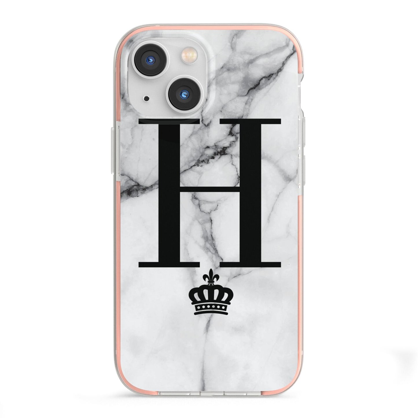 Personalised Big Initials Crown Marble iPhone 13 Mini TPU Impact Case with Pink Edges