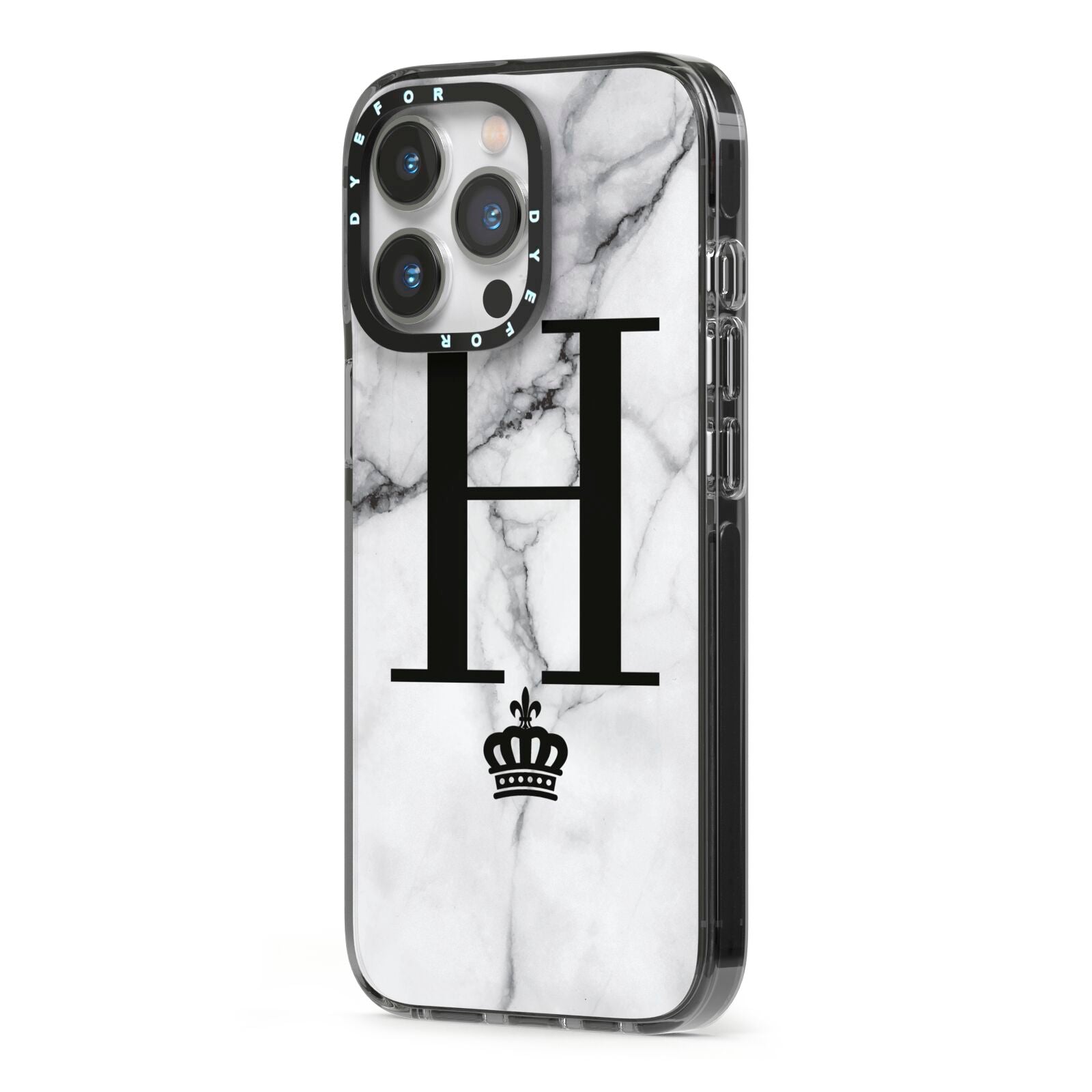 Personalised Big Initials Crown Marble iPhone 13 Pro Black Impact Case Side Angle on Silver phone