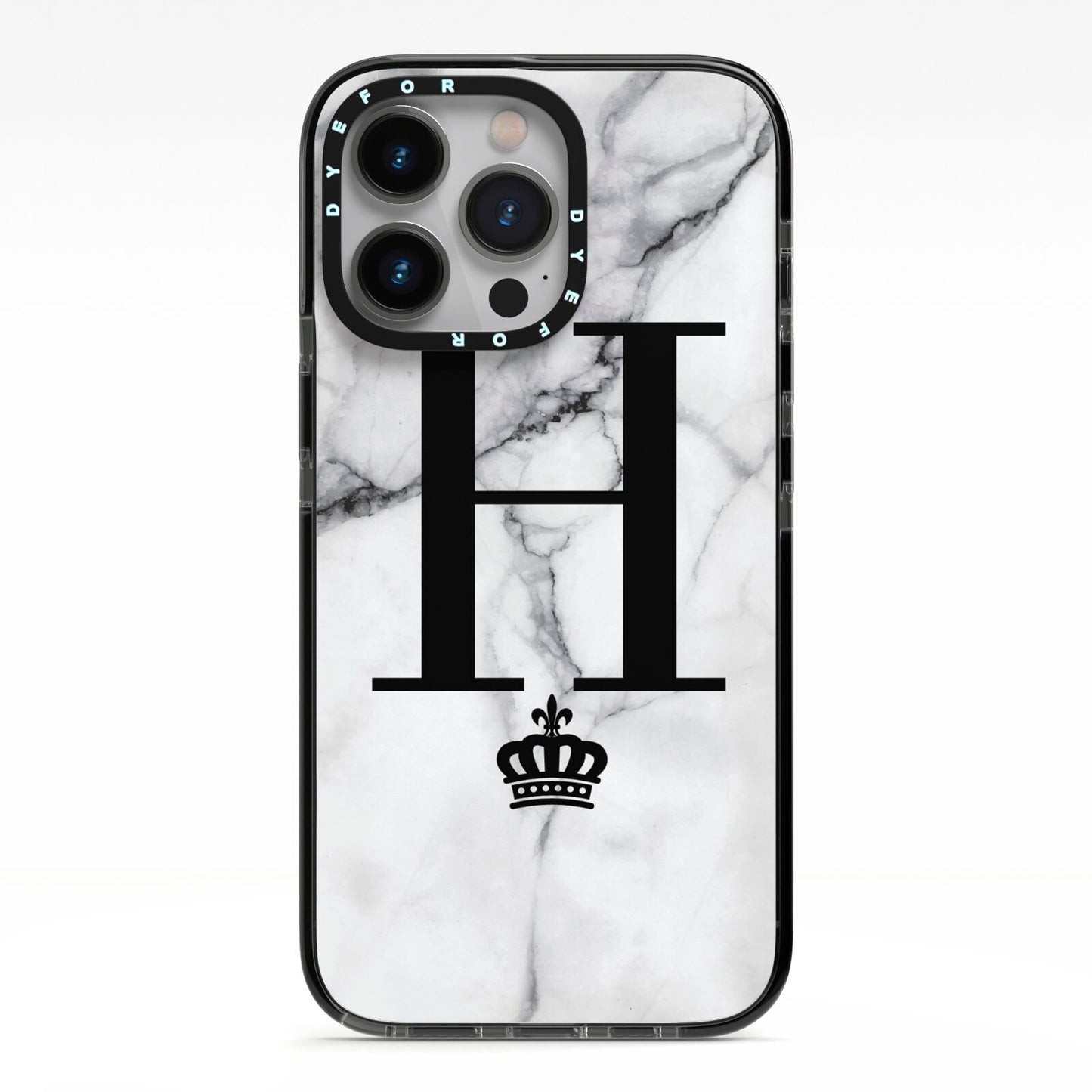 Personalised Big Initials Crown Marble iPhone 13 Pro Black Impact Case on Silver phone