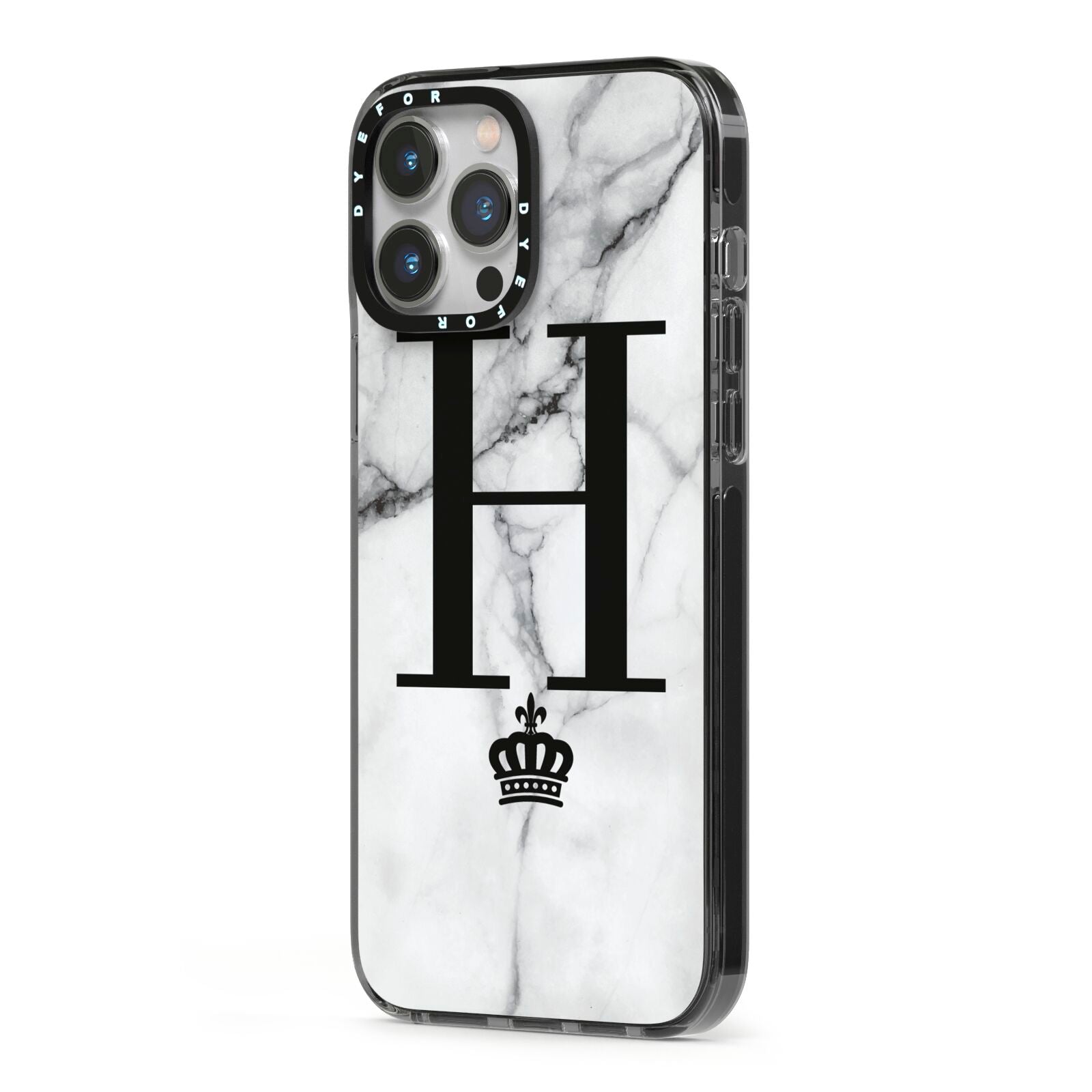 Personalised Big Initials Crown Marble iPhone 13 Pro Max Black Impact Case Side Angle on Silver phone