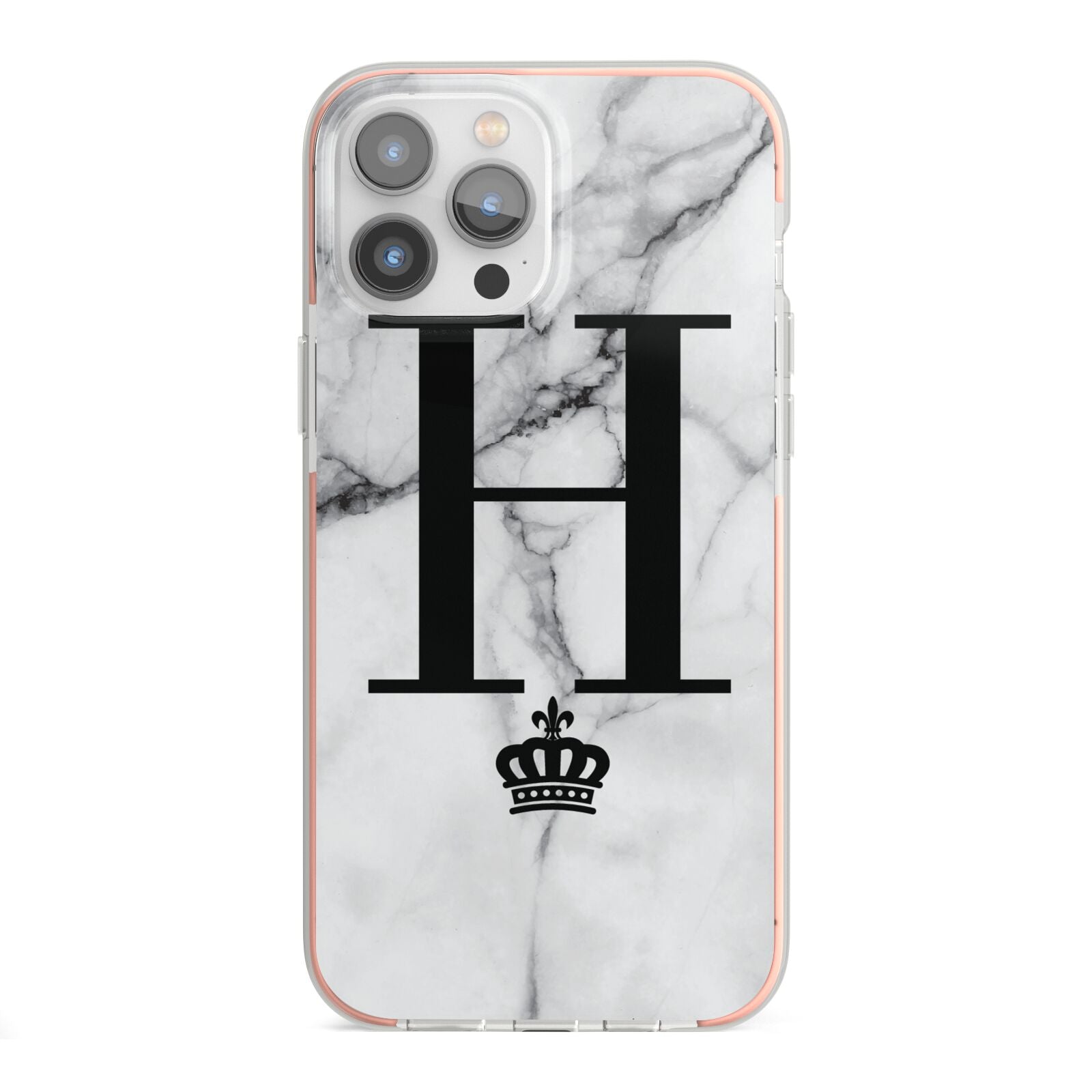 Personalised Big Initials Crown Marble iPhone 13 Pro Max TPU Impact Case with Pink Edges