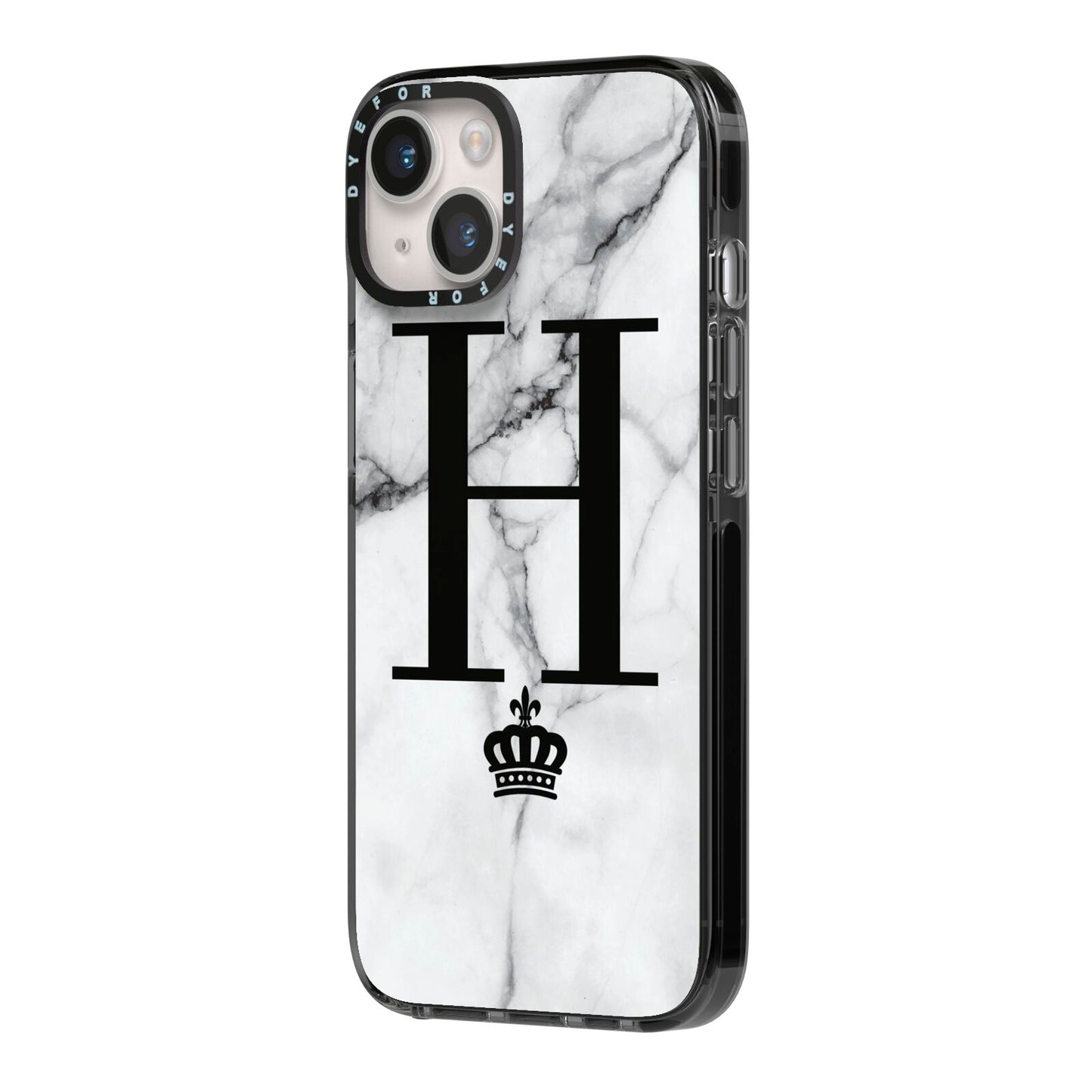 Personalised Big Initials Crown Marble iPhone 14 Black Impact Case Side Angle on Silver phone