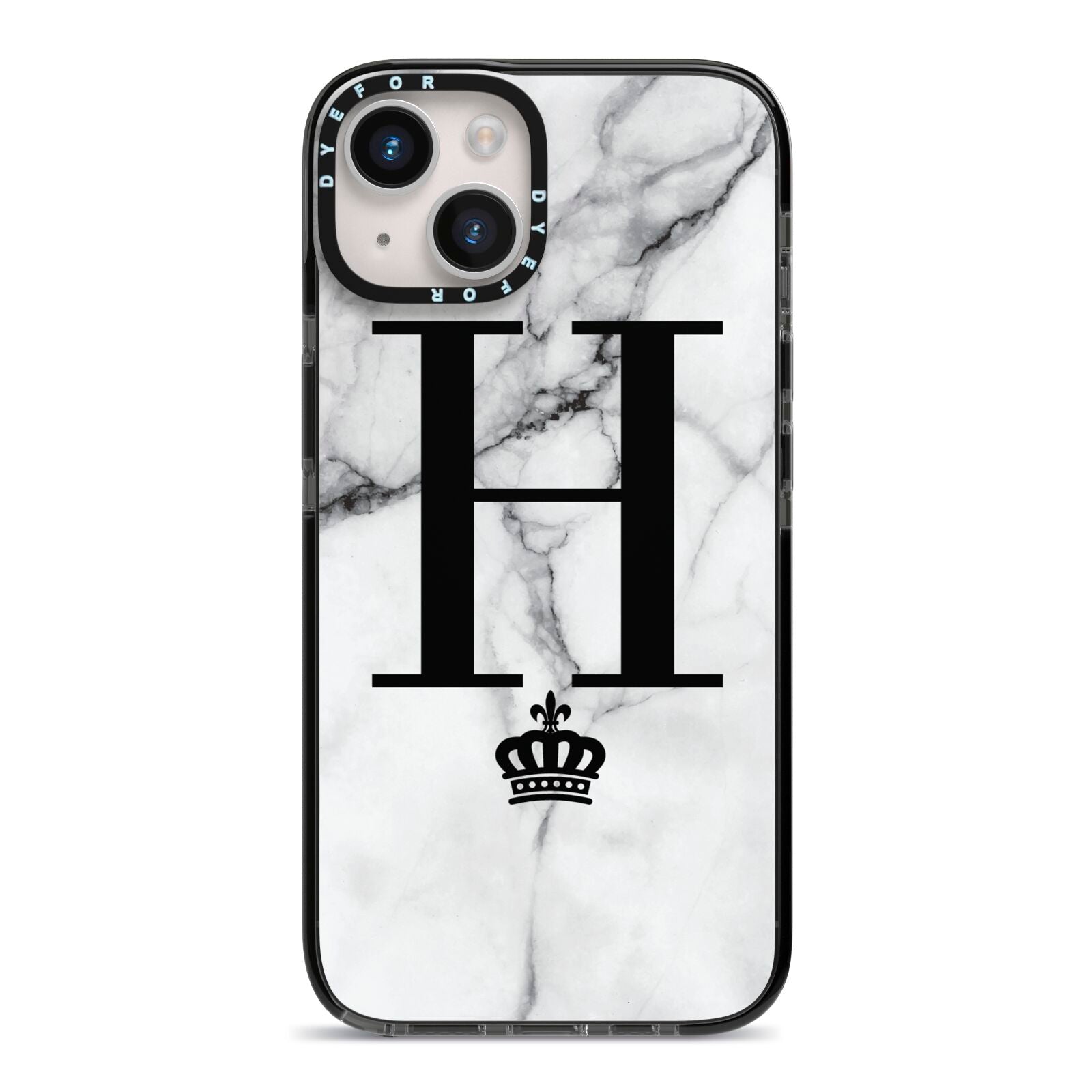 Personalised Big Initials Crown Marble iPhone 14 Black Impact Case on Silver phone