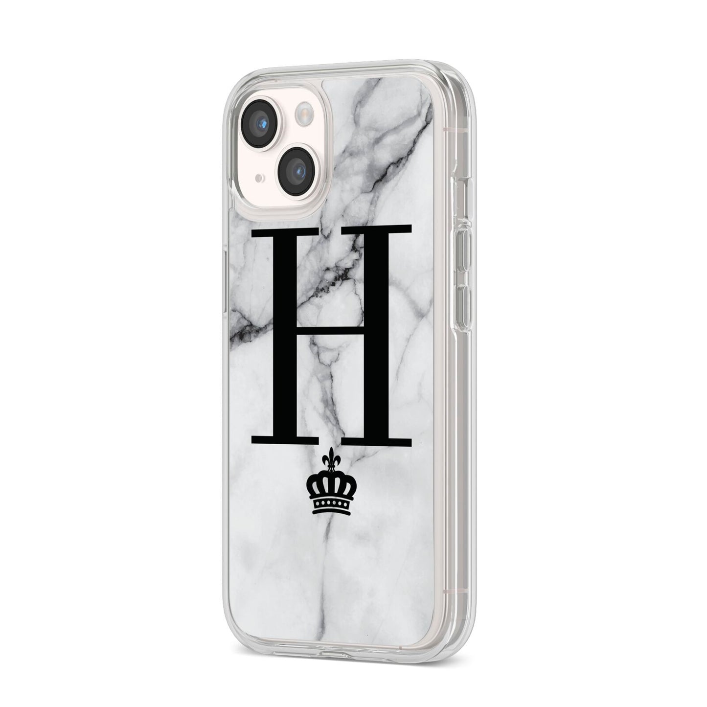 Personalised Big Initials Crown Marble iPhone 14 Clear Tough Case Starlight Angled Image