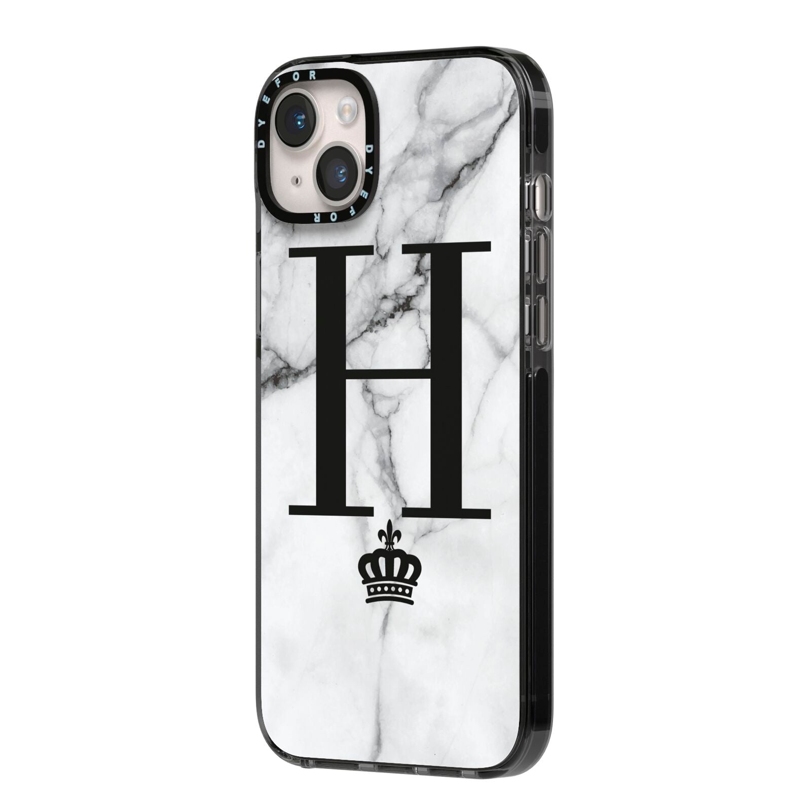 Personalised Big Initials Crown Marble iPhone 14 Plus Black Impact Case Side Angle on Silver phone