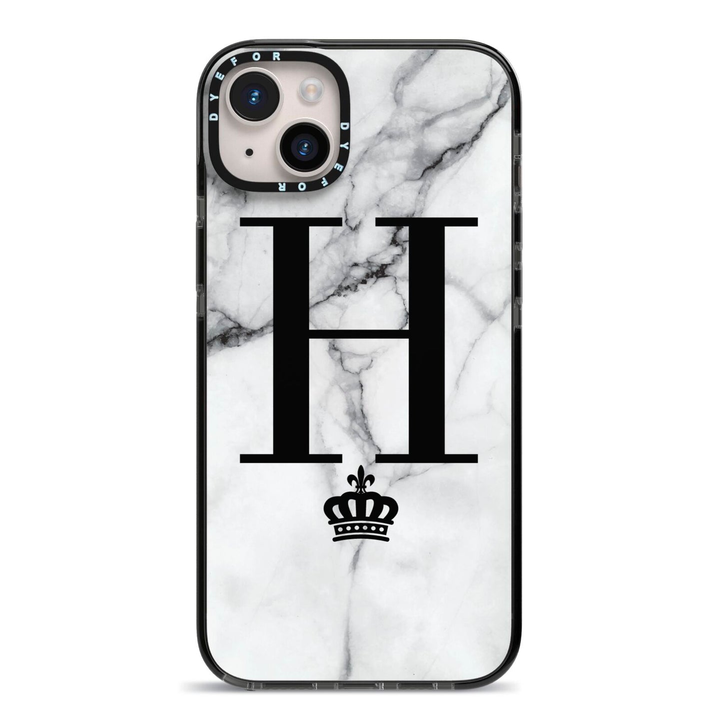 Personalised Big Initials Crown Marble iPhone 14 Plus Black Impact Case on Silver phone