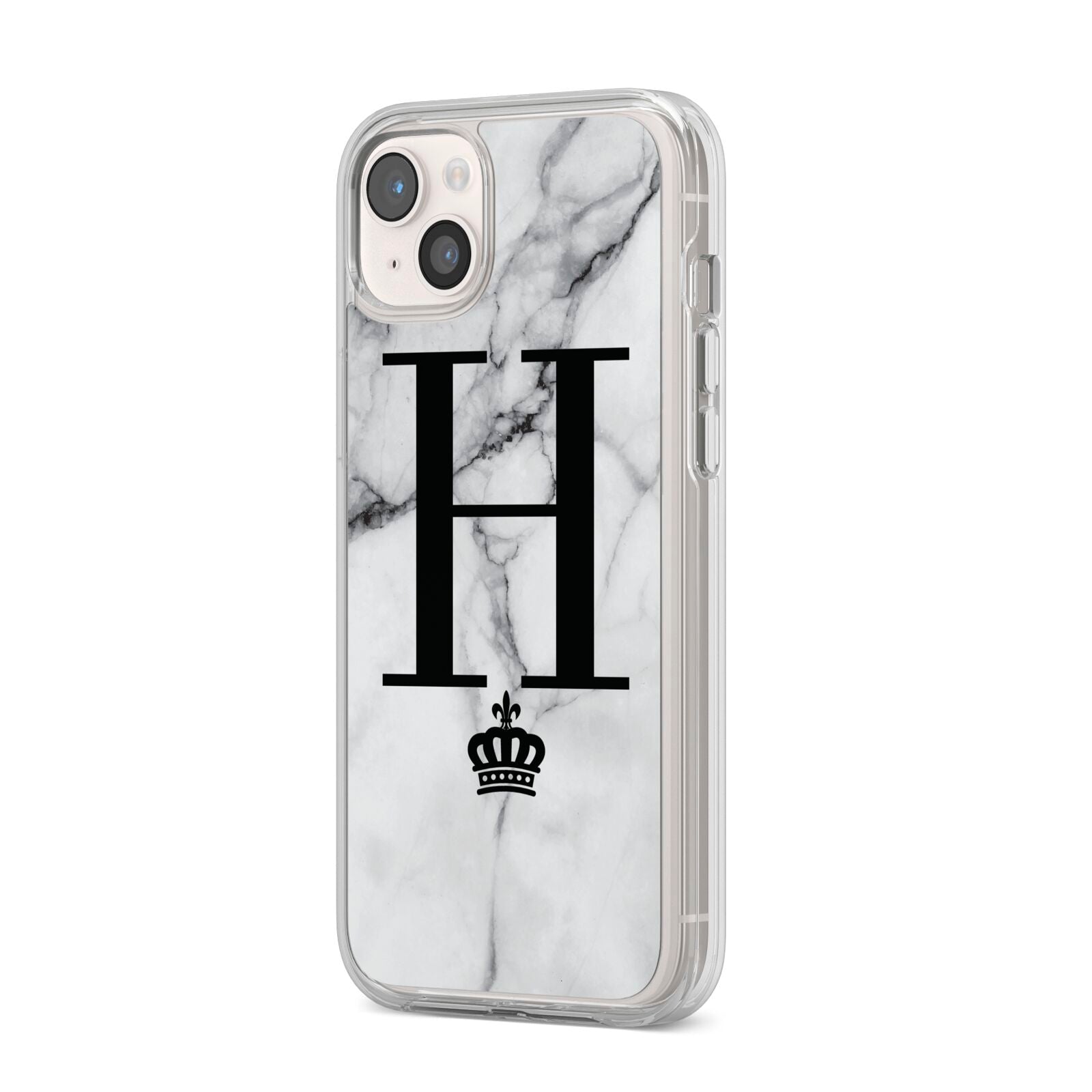 Personalised Big Initials Crown Marble iPhone 14 Plus Clear Tough Case Starlight Angled Image