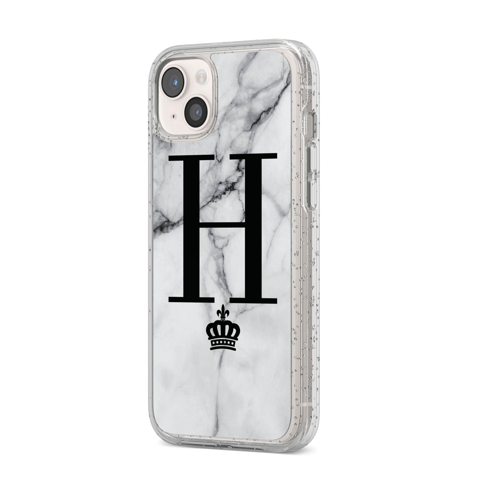 Personalised Big Initials Crown Marble iPhone 14 Plus Glitter Tough Case Starlight Angled Image