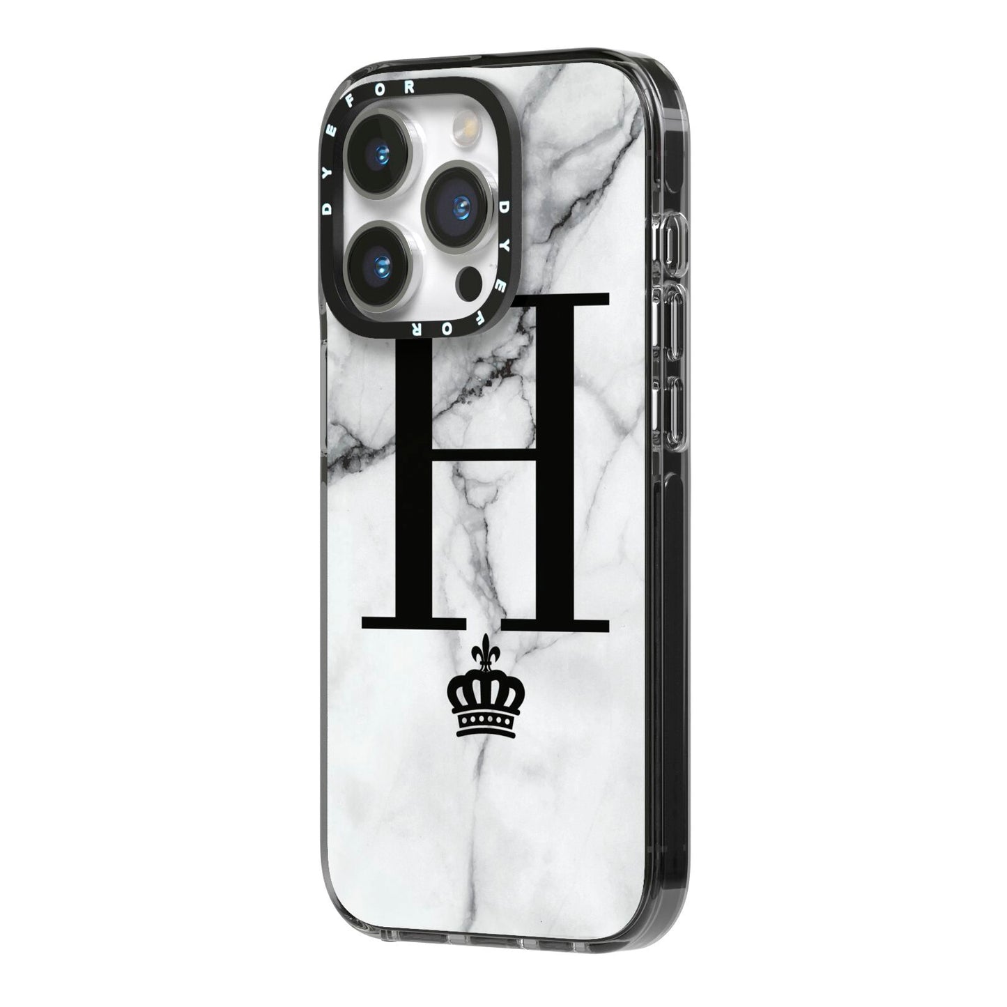 Personalised Big Initials Crown Marble iPhone 14 Pro Black Impact Case Side Angle on Silver phone