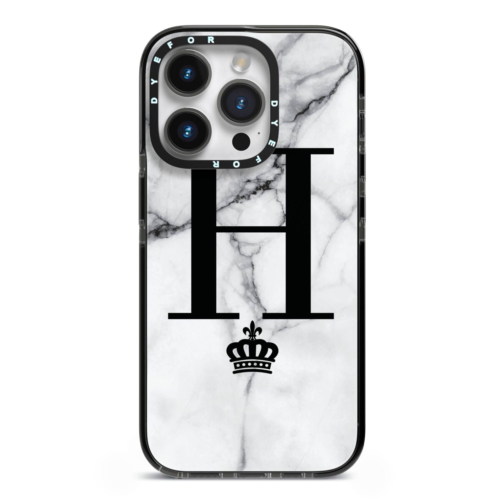 Personalised Big Initials Crown Marble iPhone 14 Pro Black Impact Case on Silver phone