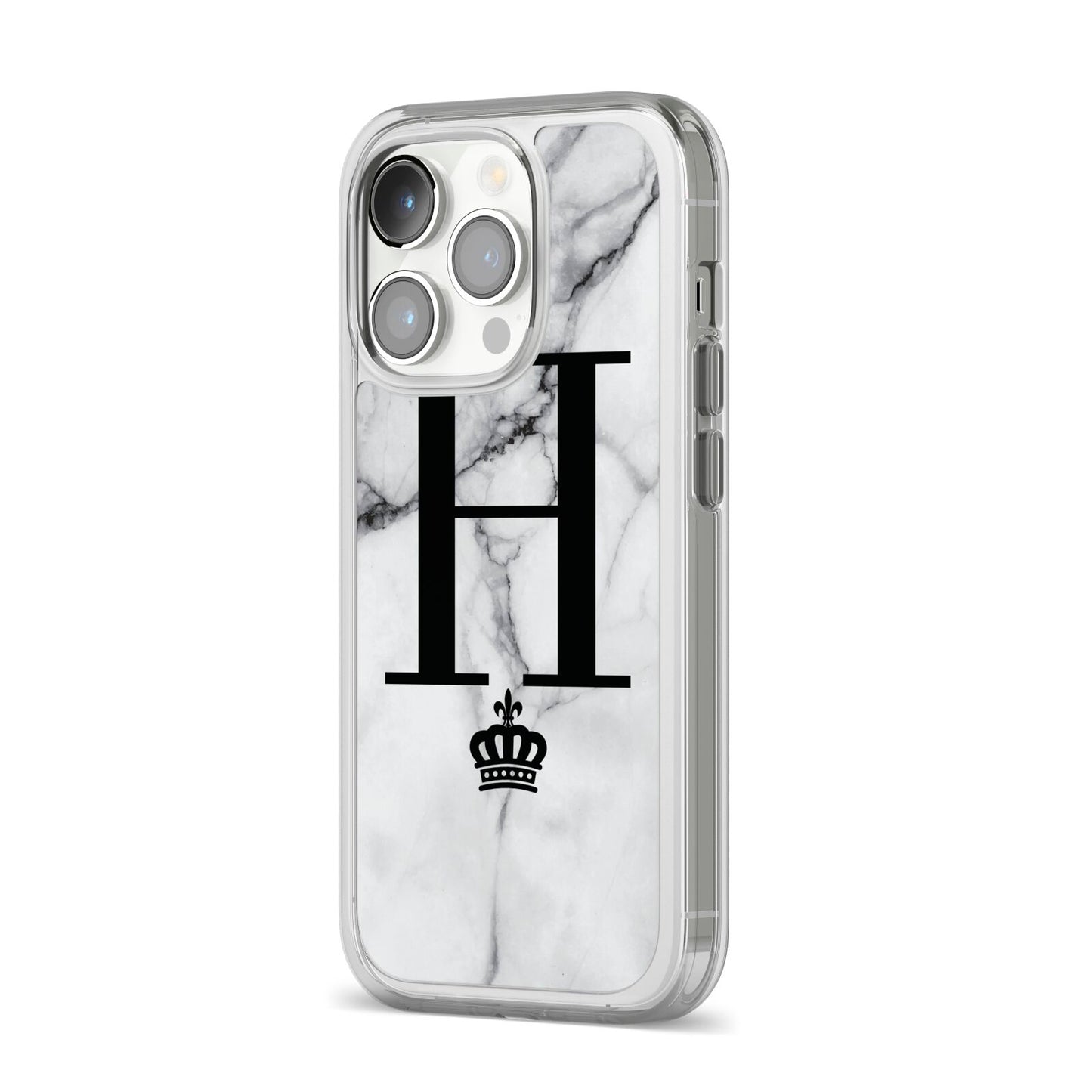 Personalised Big Initials Crown Marble iPhone 14 Pro Clear Tough Case Silver Angled Image