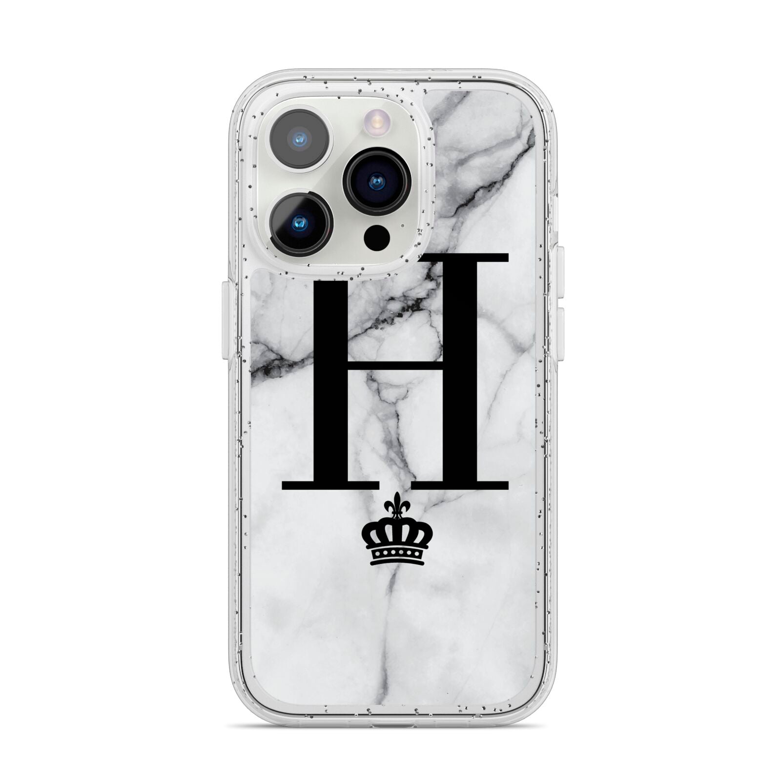 Personalised Big Initials Crown Marble iPhone 14 Pro Glitter Tough Case Silver