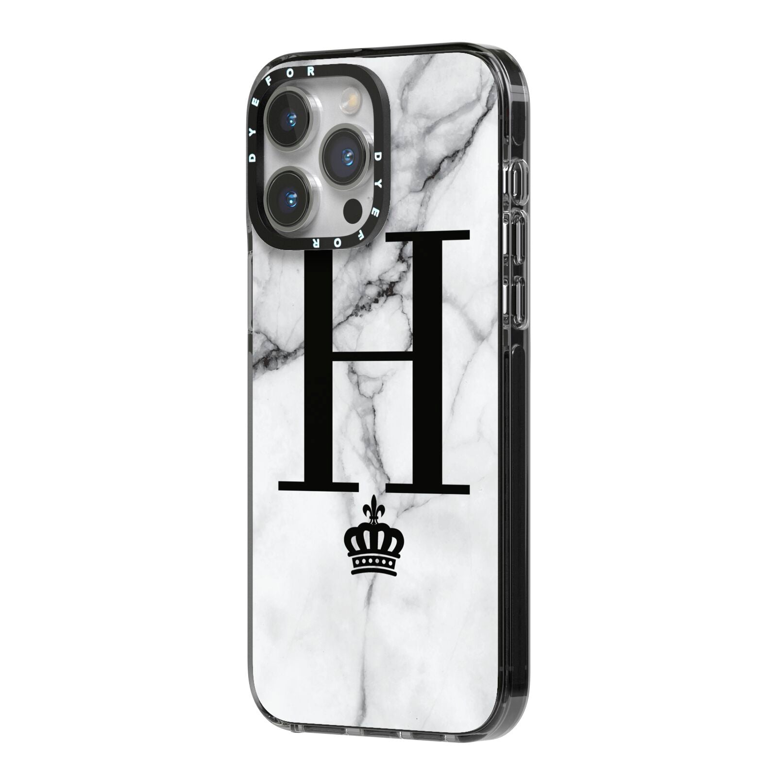 Personalised Big Initials Crown Marble iPhone 14 Pro Max Black Impact Case Side Angle on Silver phone