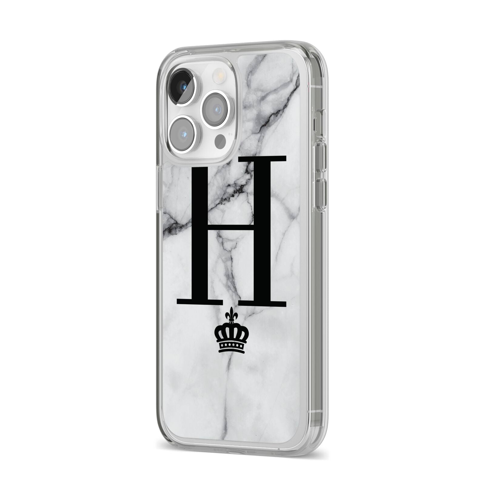 Personalised Big Initials Crown Marble iPhone 14 Pro Max Clear Tough Case Silver Angled Image