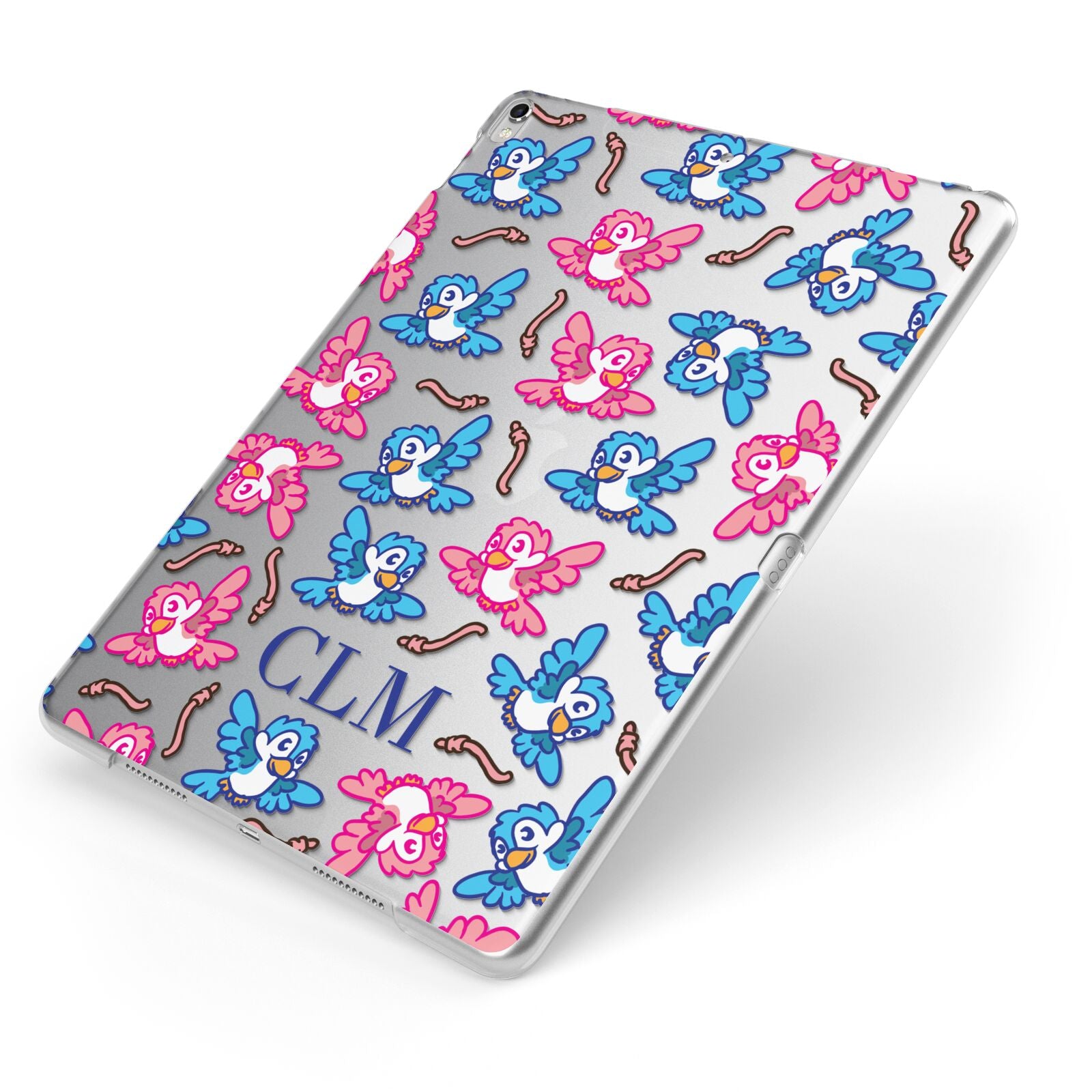 Personalised Birds Initials Clear Apple iPad Case on Silver iPad Side View