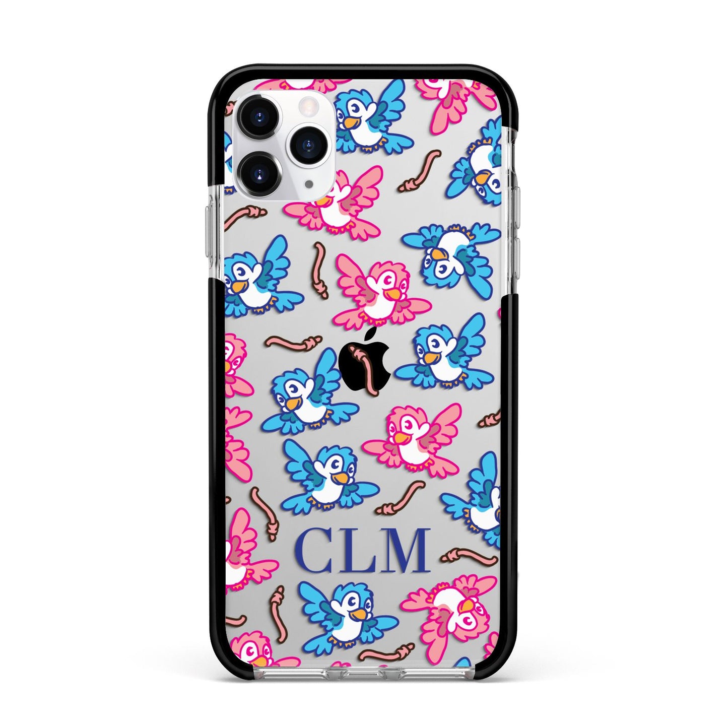 Personalised Birds Initials Clear Apple iPhone 11 Pro Max in Silver with Black Impact Case