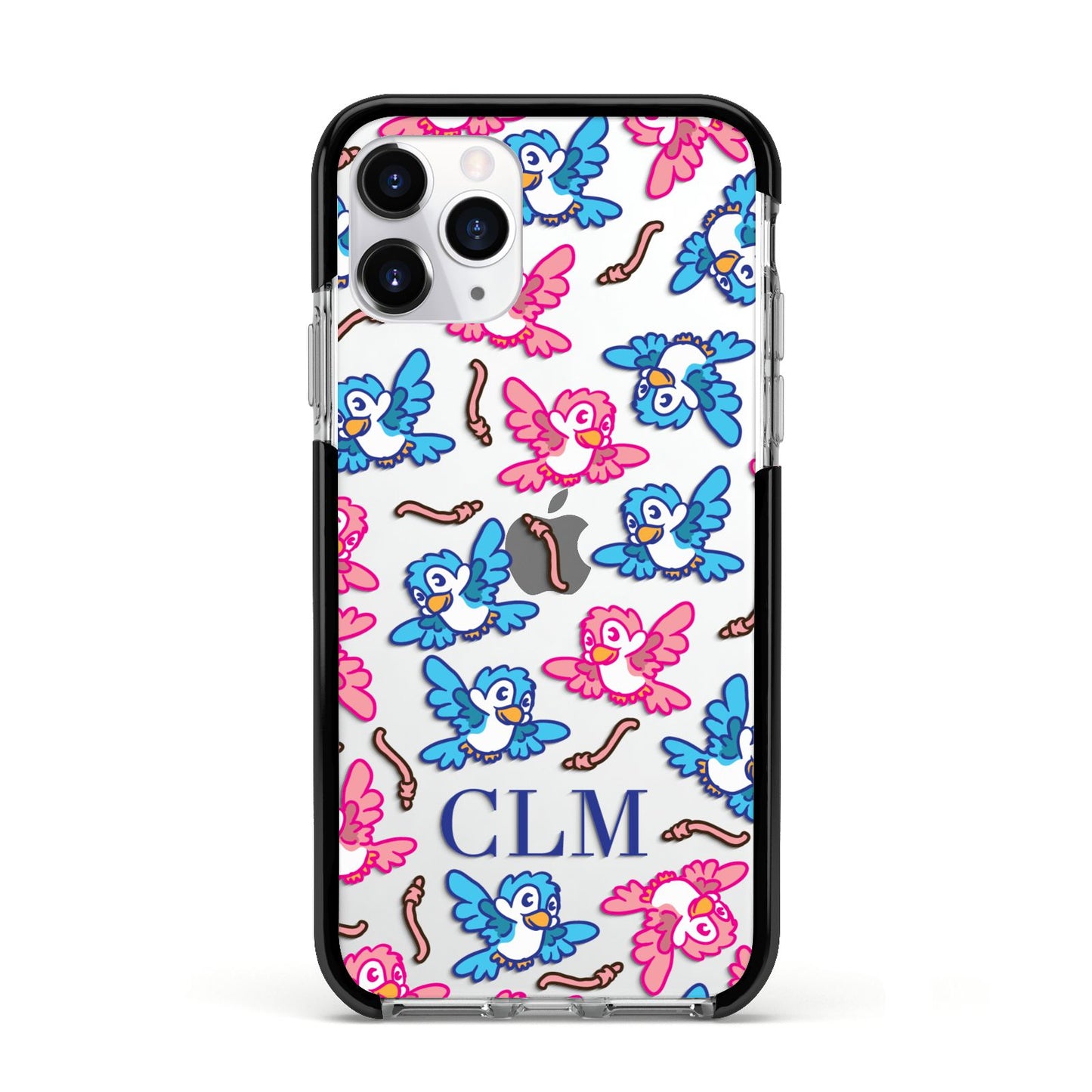 Personalised Birds Initials Clear Apple iPhone 11 Pro in Silver with Black Impact Case