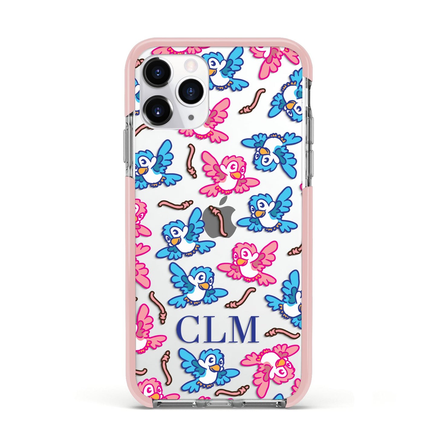 Personalised Birds Initials Clear Apple iPhone 11 Pro in Silver with Pink Impact Case