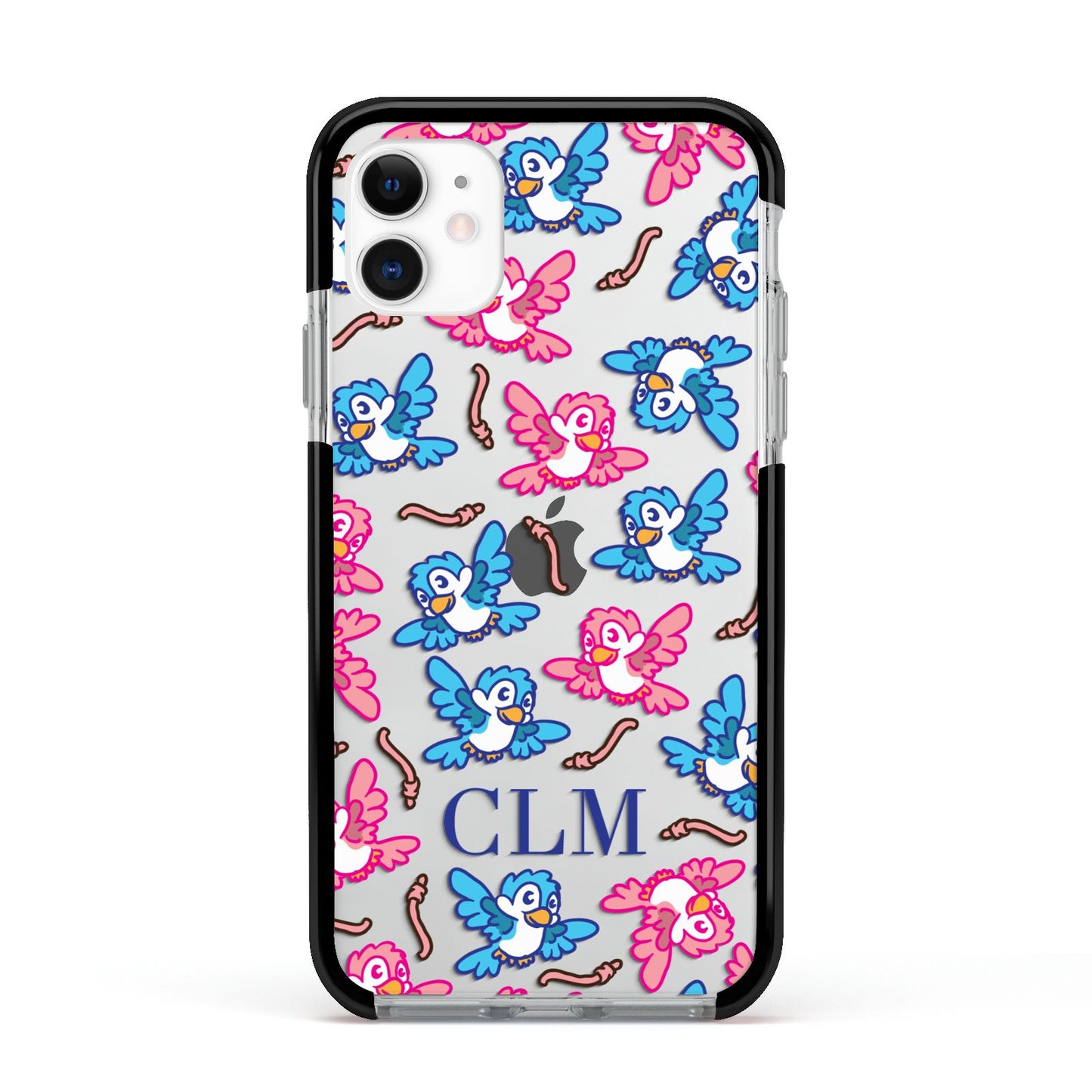 Personalised Birds Initials Clear Apple iPhone 11 in White with Black Impact Case