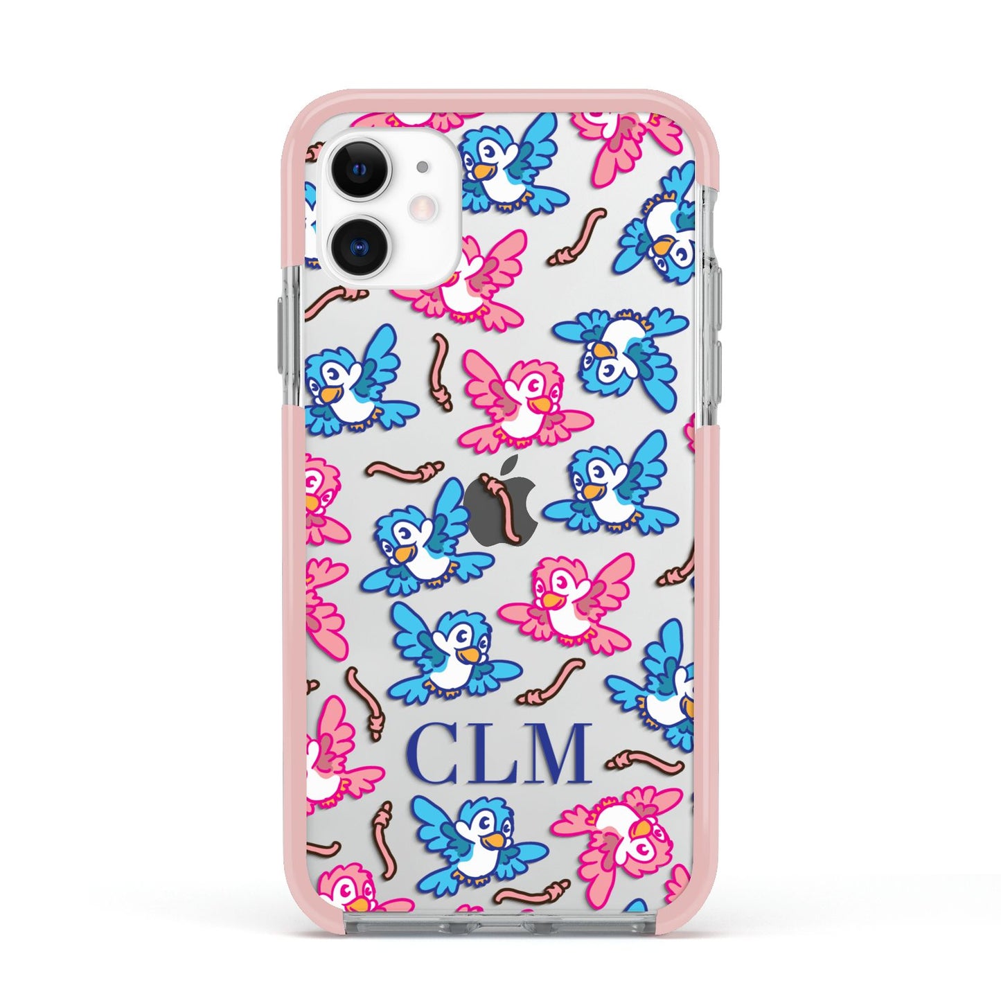 Personalised Birds Initials Clear Apple iPhone 11 in White with Pink Impact Case