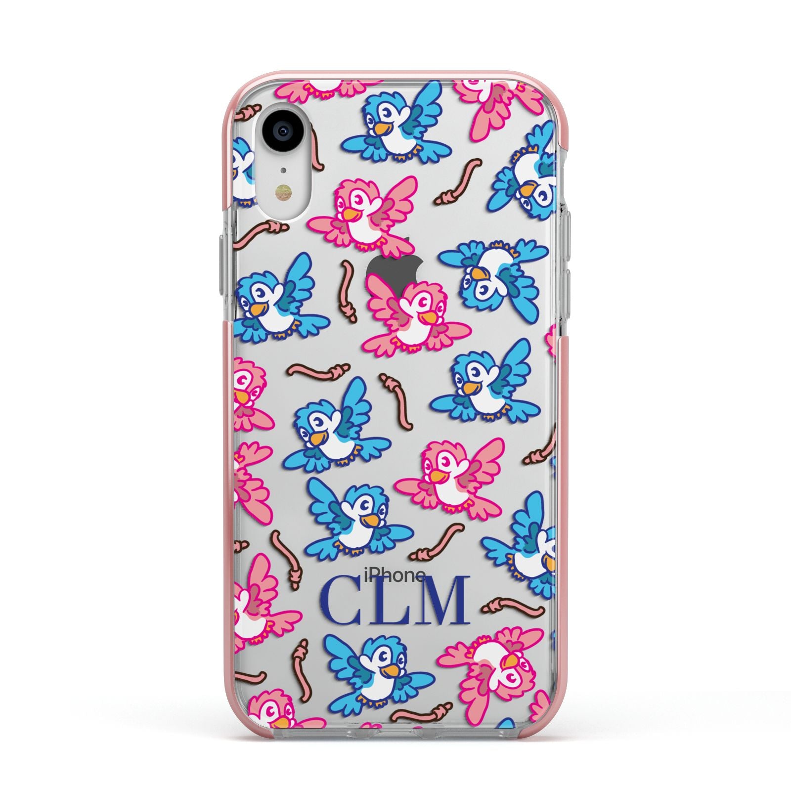 Personalised Birds Initials Clear Apple iPhone XR Impact Case Pink Edge on Silver Phone