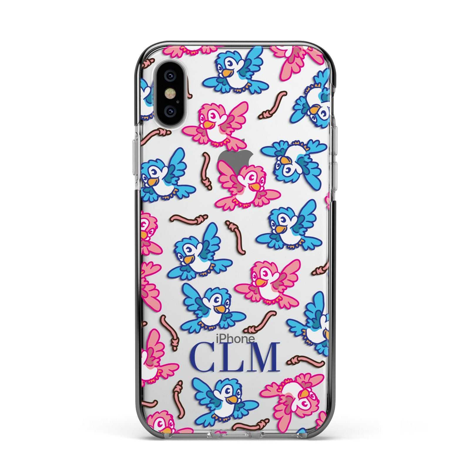 Personalised Birds Initials Clear Apple iPhone Xs Impact Case Black Edge on Silver Phone