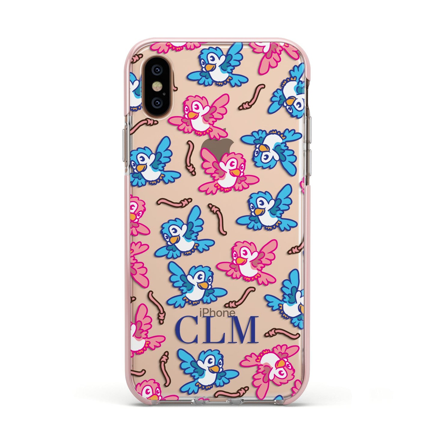 Personalised Birds Initials Clear Apple iPhone Xs Impact Case Pink Edge on Gold Phone