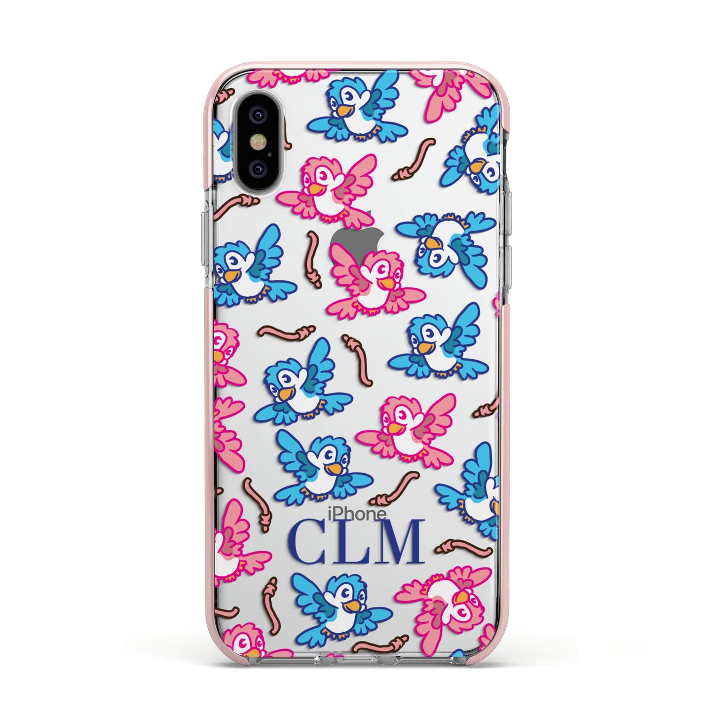 Personalised Birds Initials Clear Apple iPhone Xs Impact Case Pink Edge on Silver Phone