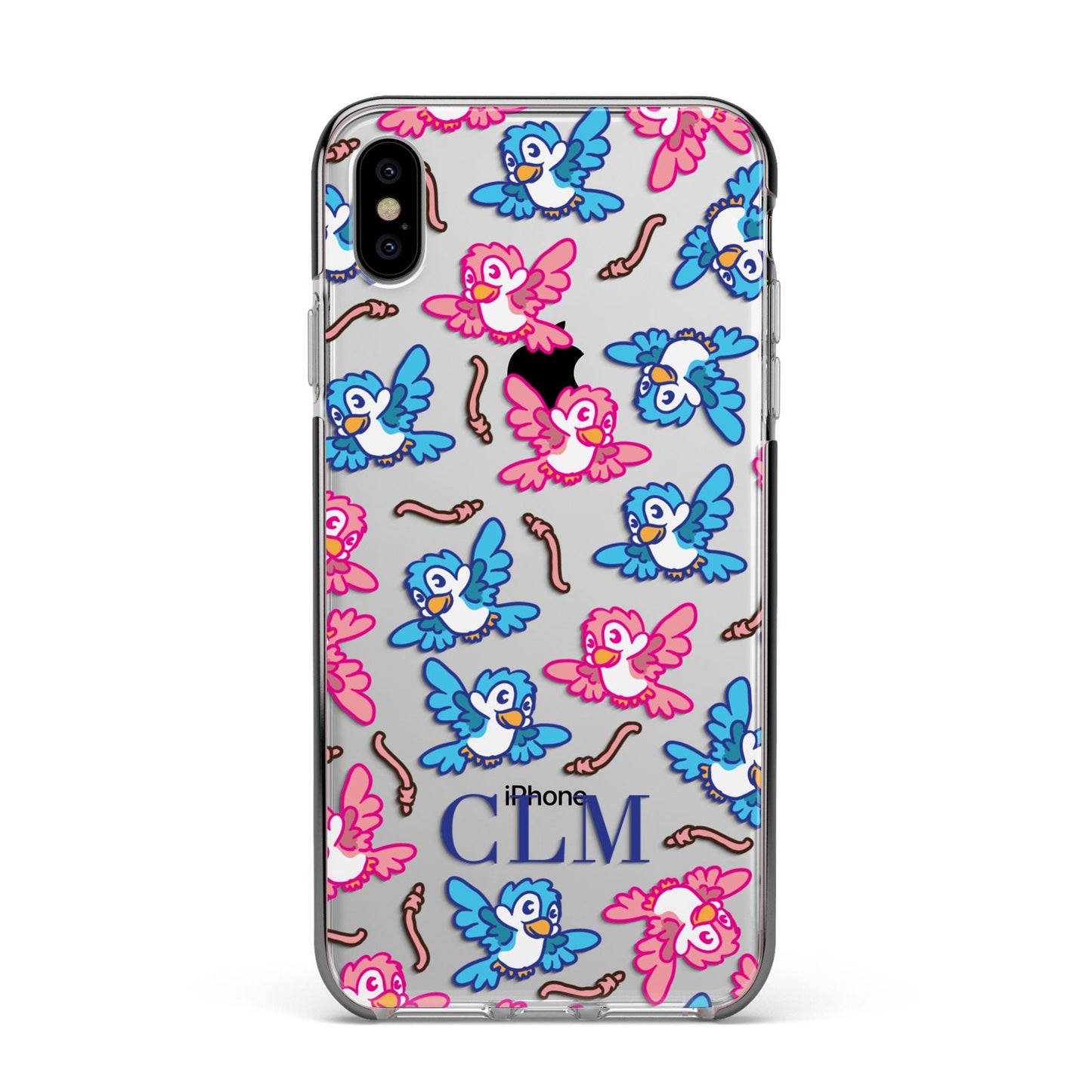 Personalised Birds Initials Clear Apple iPhone Xs Max Impact Case Black Edge on Silver Phone