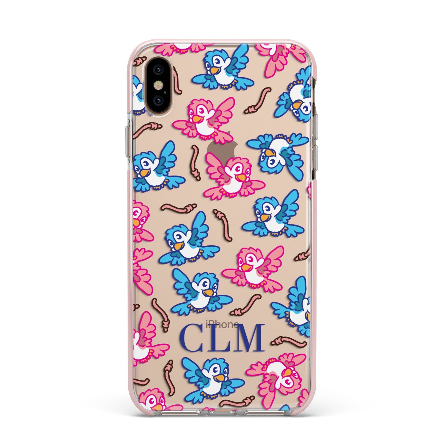 Personalised Birds Initials Clear Apple iPhone Xs Max Impact Case Pink Edge on Gold Phone