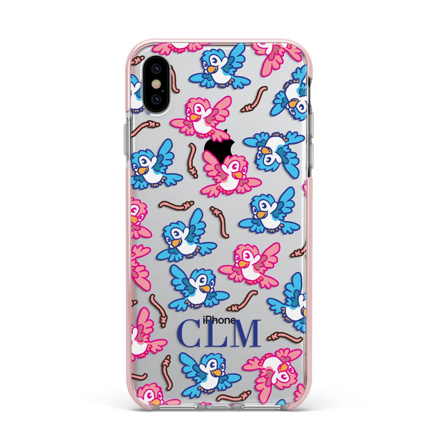 Personalised Birds Initials Clear Apple iPhone Xs Max Impact Case Pink Edge on Silver Phone