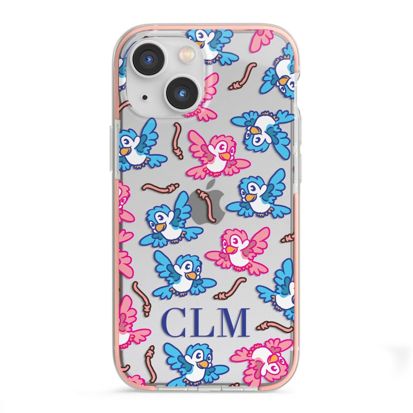 Personalised Birds Initials Clear iPhone 13 Mini TPU Impact Case with Pink Edges