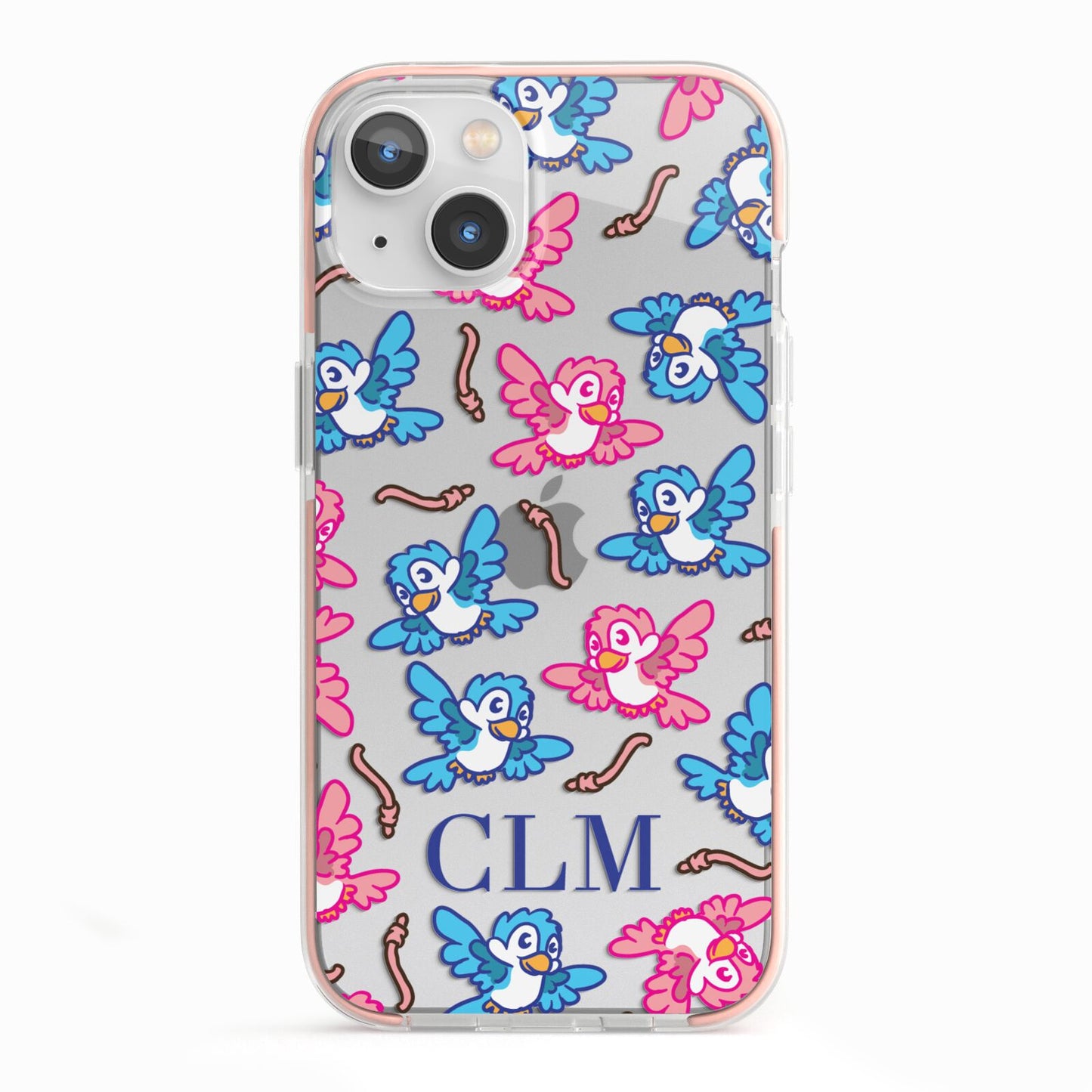 Personalised Birds Initials Clear iPhone 13 TPU Impact Case with Pink Edges