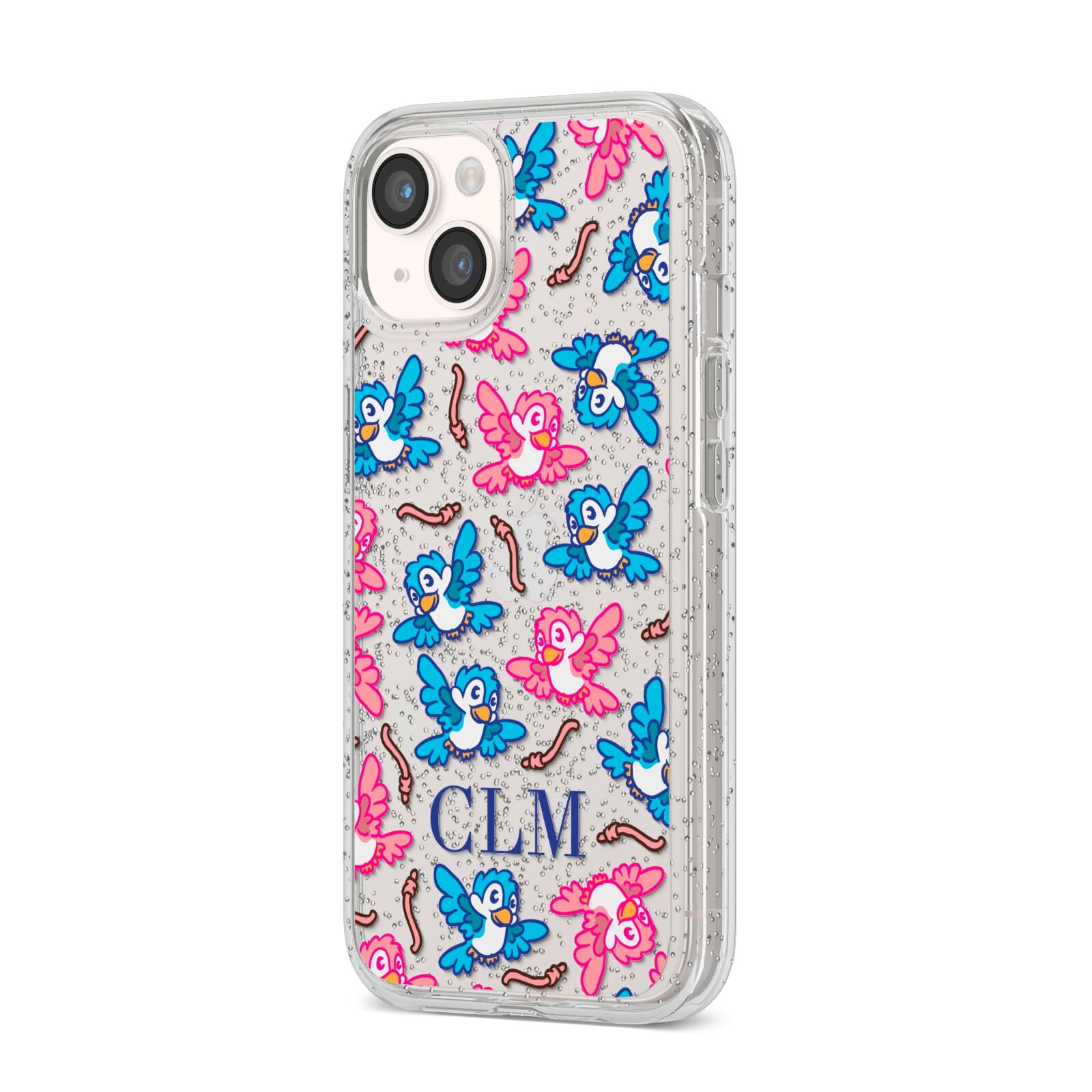 Personalised Birds Initials Clear iPhone 14 Glitter Tough Case Starlight Angled Image