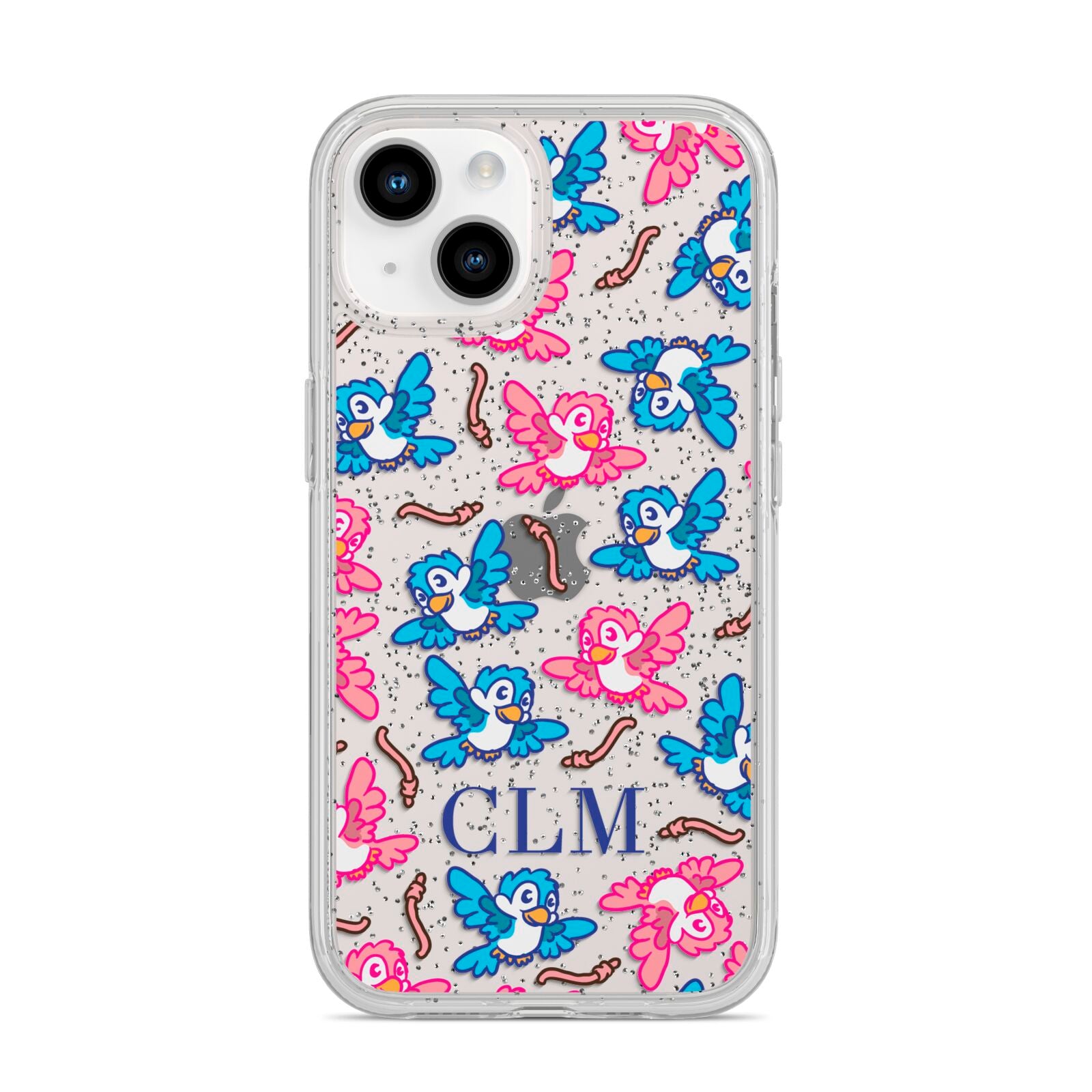 Personalised Birds Initials Clear iPhone 14 Glitter Tough Case Starlight