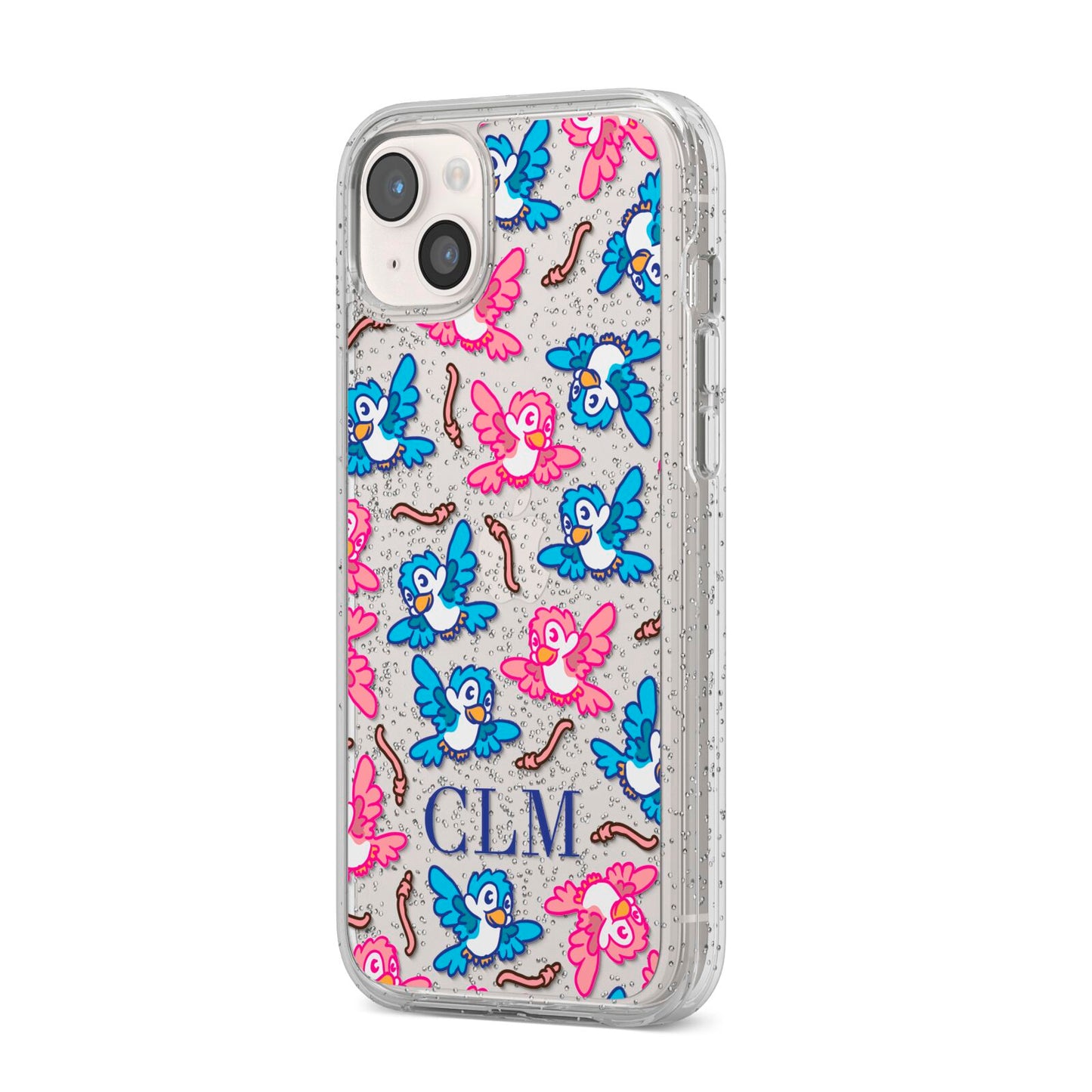 Personalised Birds Initials Clear iPhone 14 Plus Glitter Tough Case Starlight Angled Image