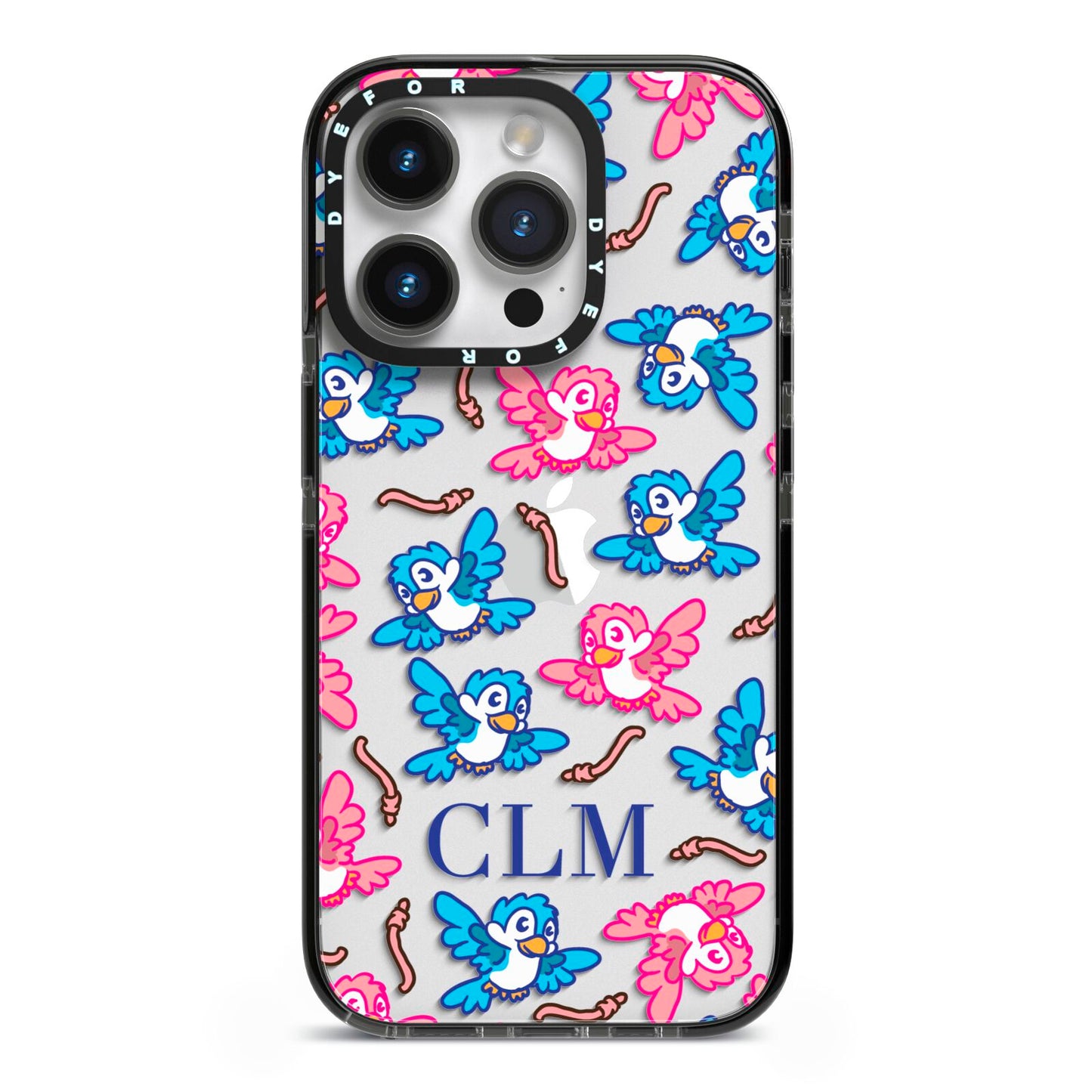 Personalised Birds Initials Clear iPhone 14 Pro Black Impact Case on Silver phone