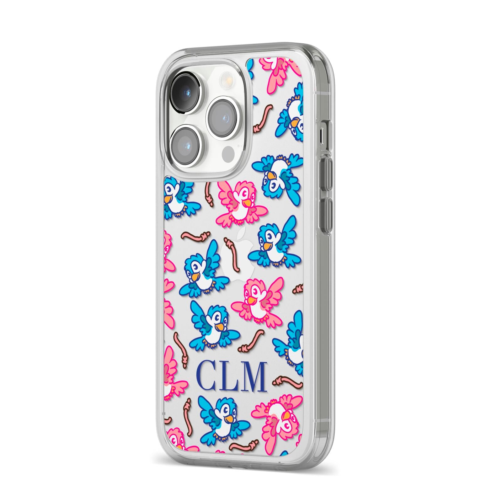 Personalised Birds Initials Clear iPhone 14 Pro Clear Tough Case Silver Angled Image