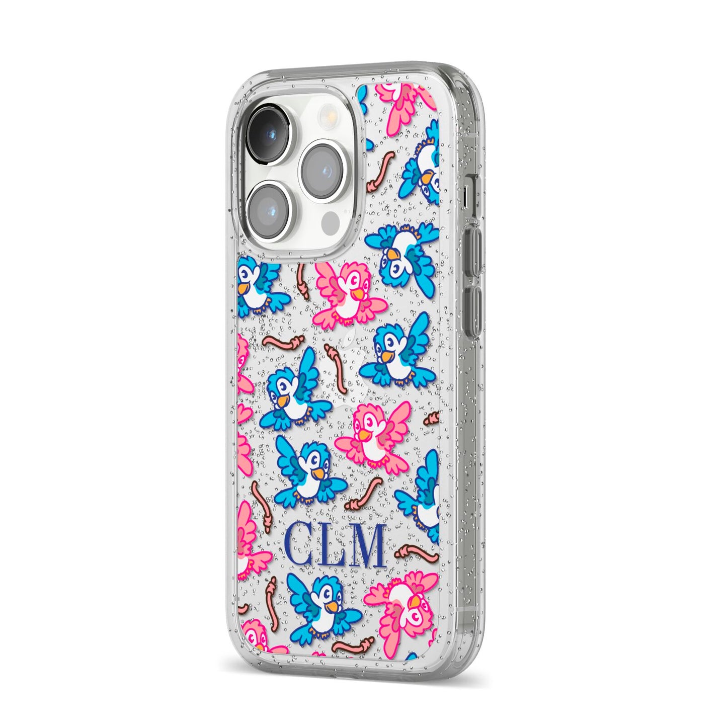 Personalised Birds Initials Clear iPhone 14 Pro Glitter Tough Case Silver Angled Image