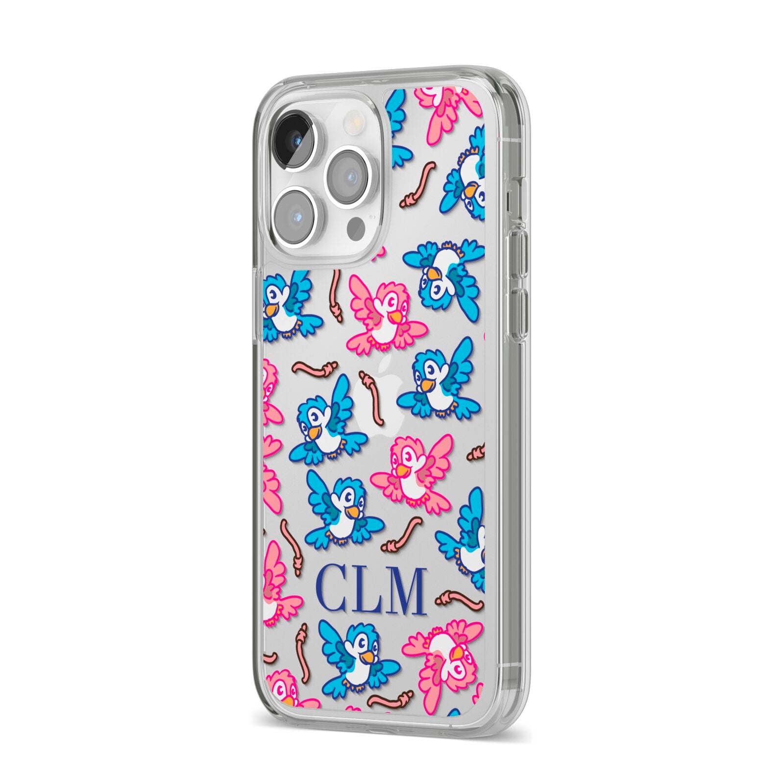 Personalised Birds Initials Clear iPhone 14 Pro Max Clear Tough Case Silver Angled Image